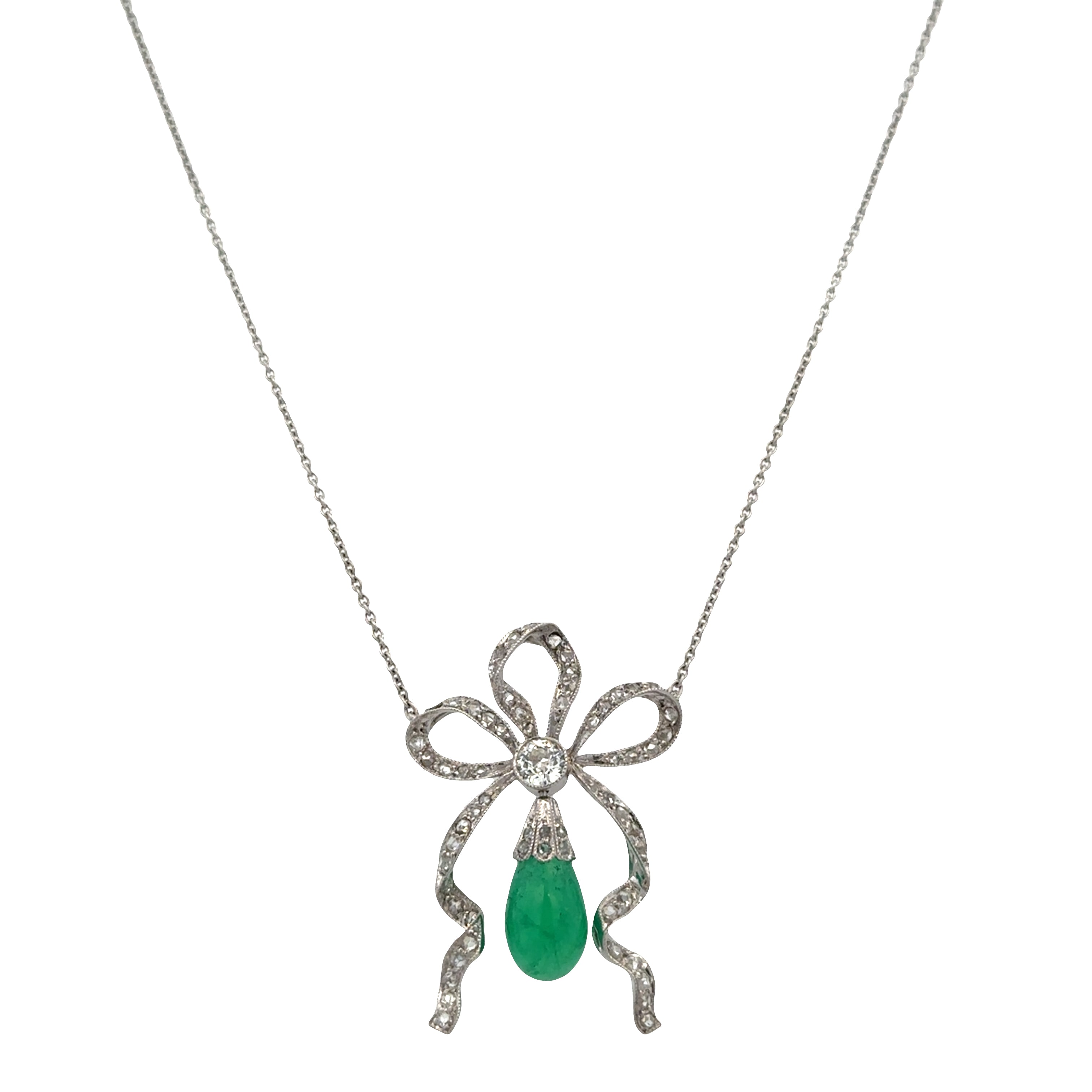 Antique Edwardian Platinum Emerald & Diamond Bow Necklace – 18.75", Circa 1910s