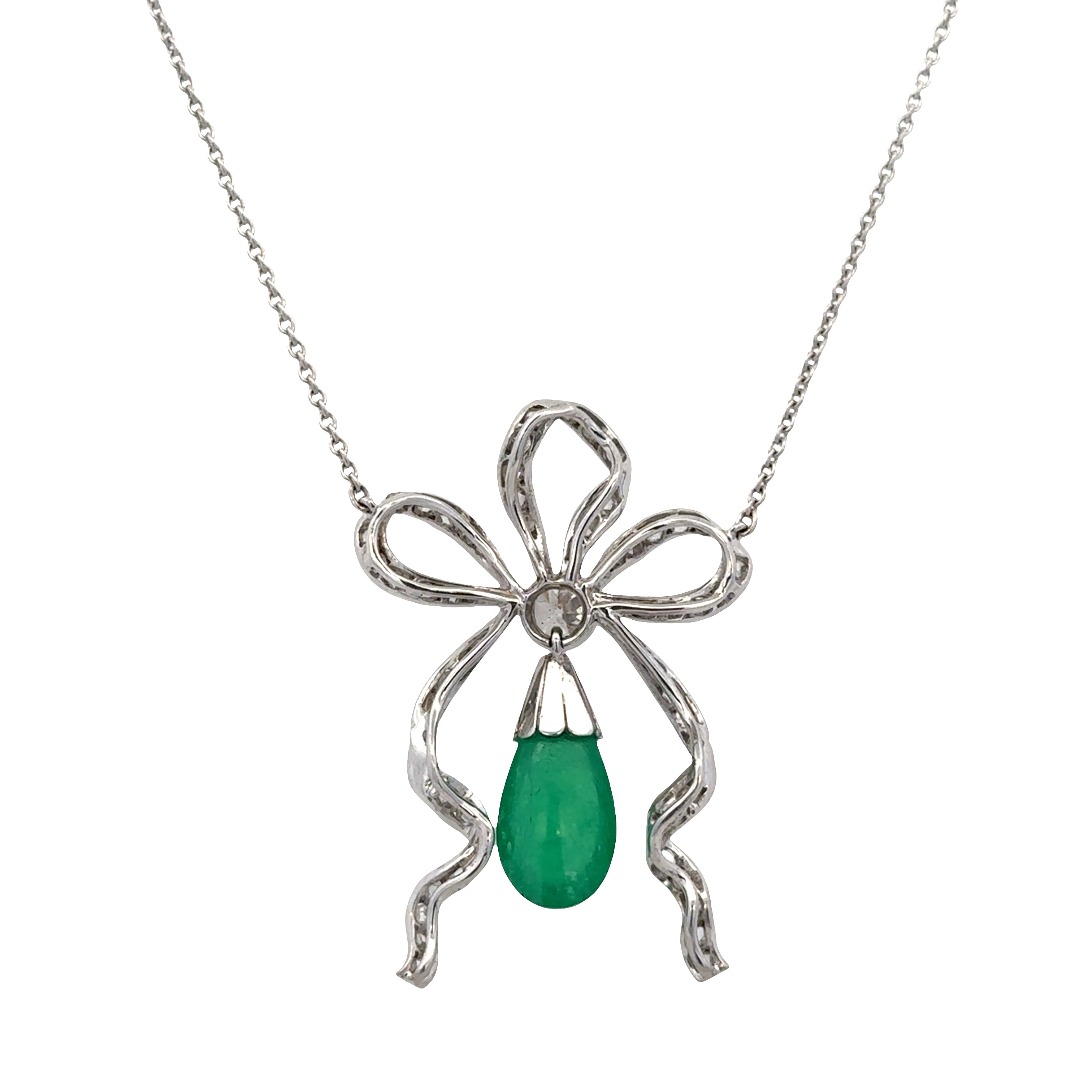 Antique Edwardian Platinum Emerald & Diamond Bow Necklace – 18.75", Circa 1910s