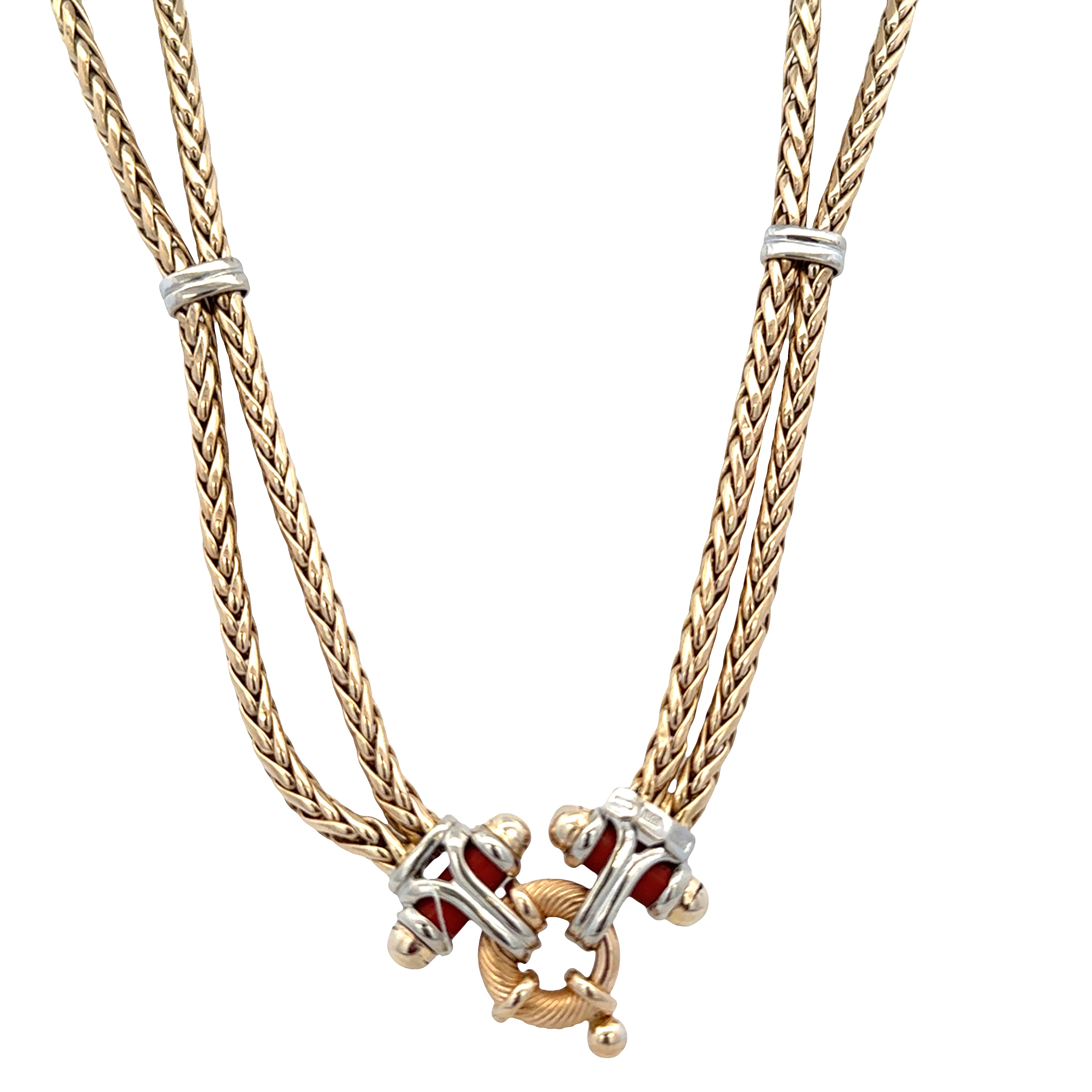14k Yellow Gold Lapis & Coral Double Strand Foxtail Statement Necklace – 17"