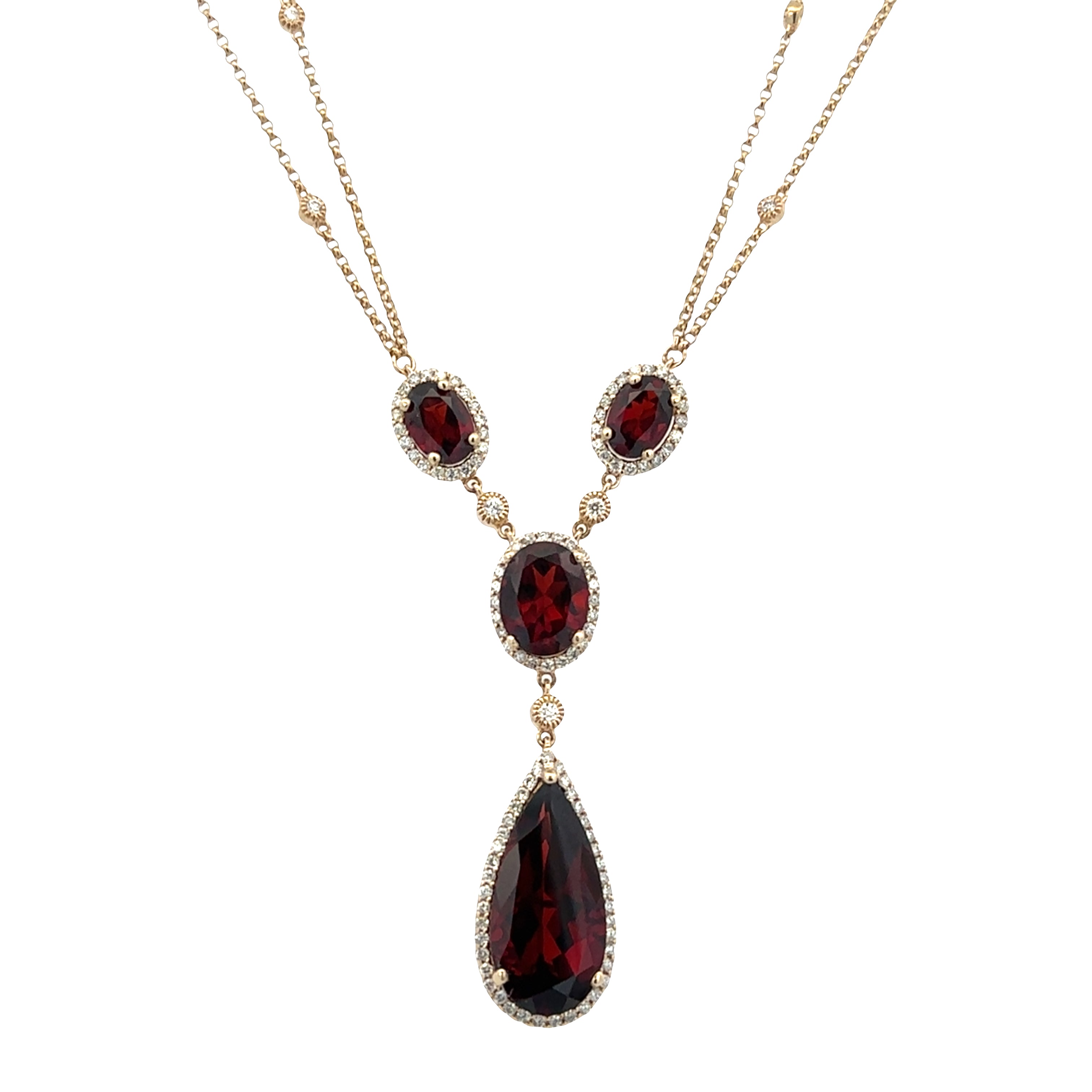 14k Yellow Gold Garnet & Diamond Y-Style Necklace – 16"
