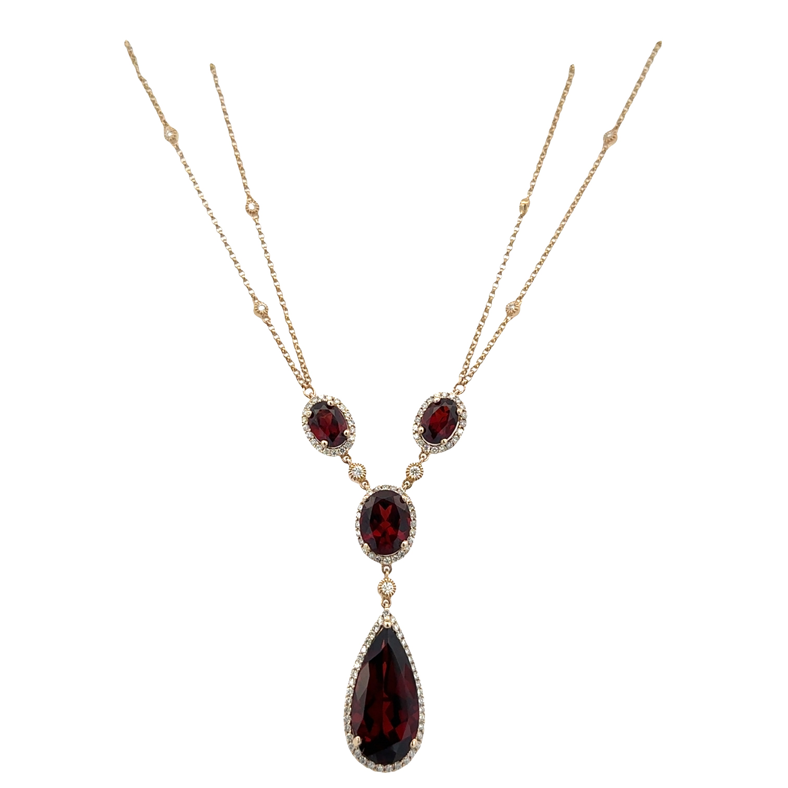 14k Yellow Gold Garnet & Diamond Y-Style Necklace – 16"