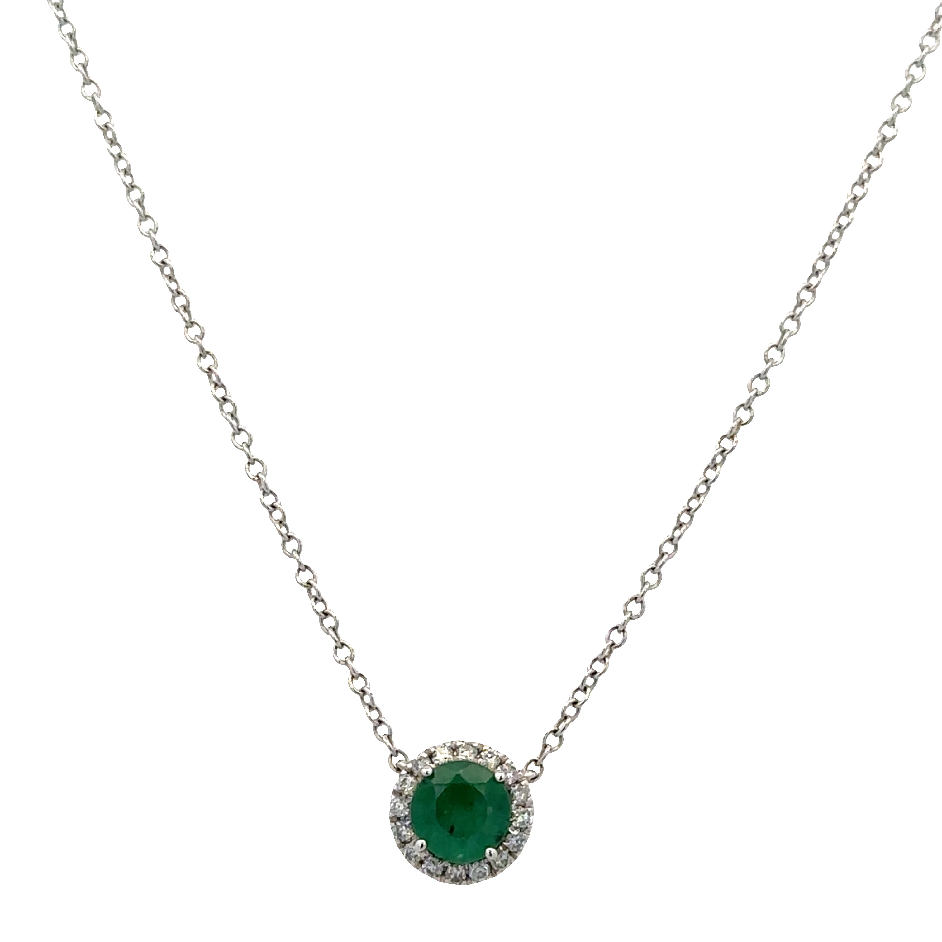 14k White Gold Emerald & Diamond Halo Necklace – 18"