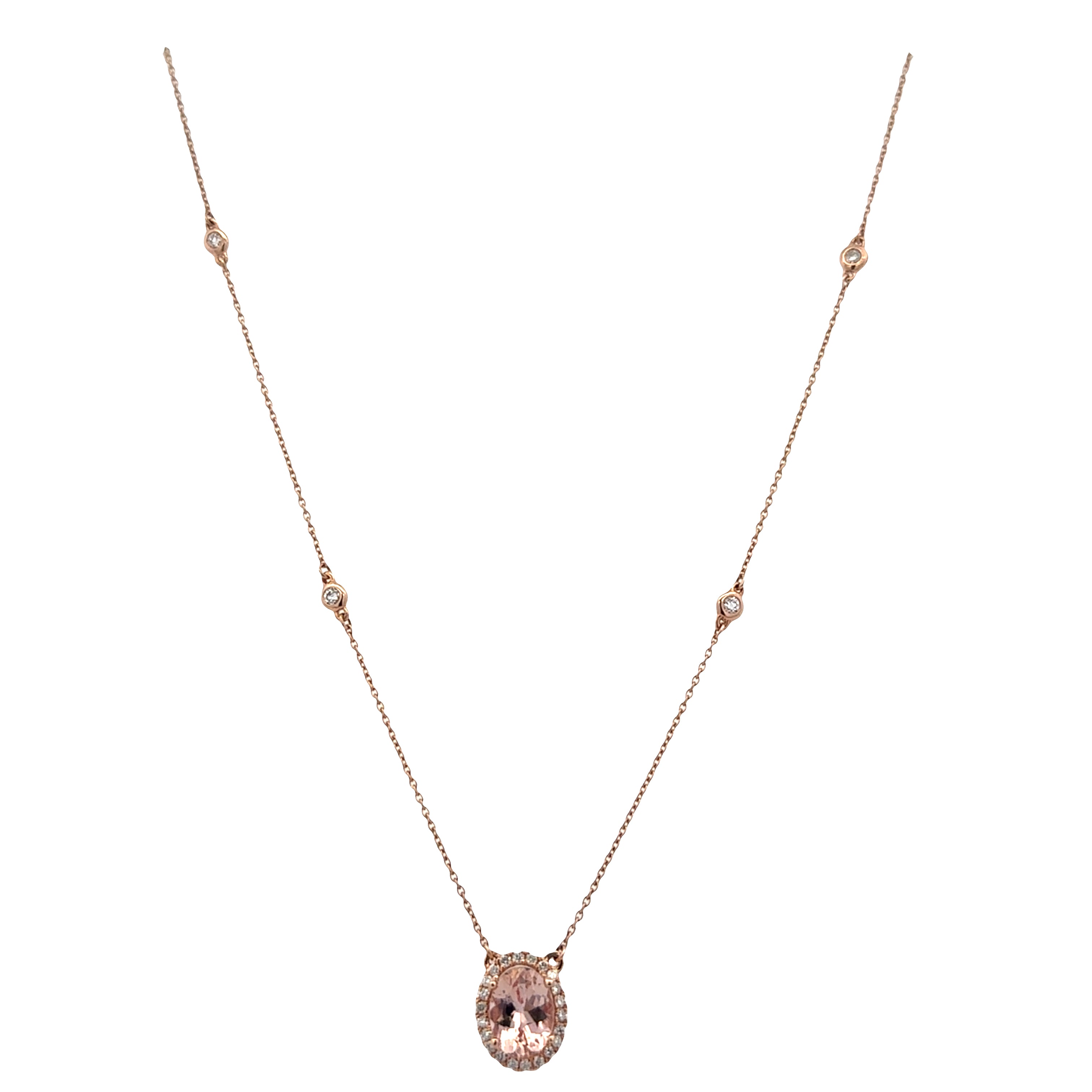 14k Rose Gold Morganite & Diamond Halo Station Necklace – 18"