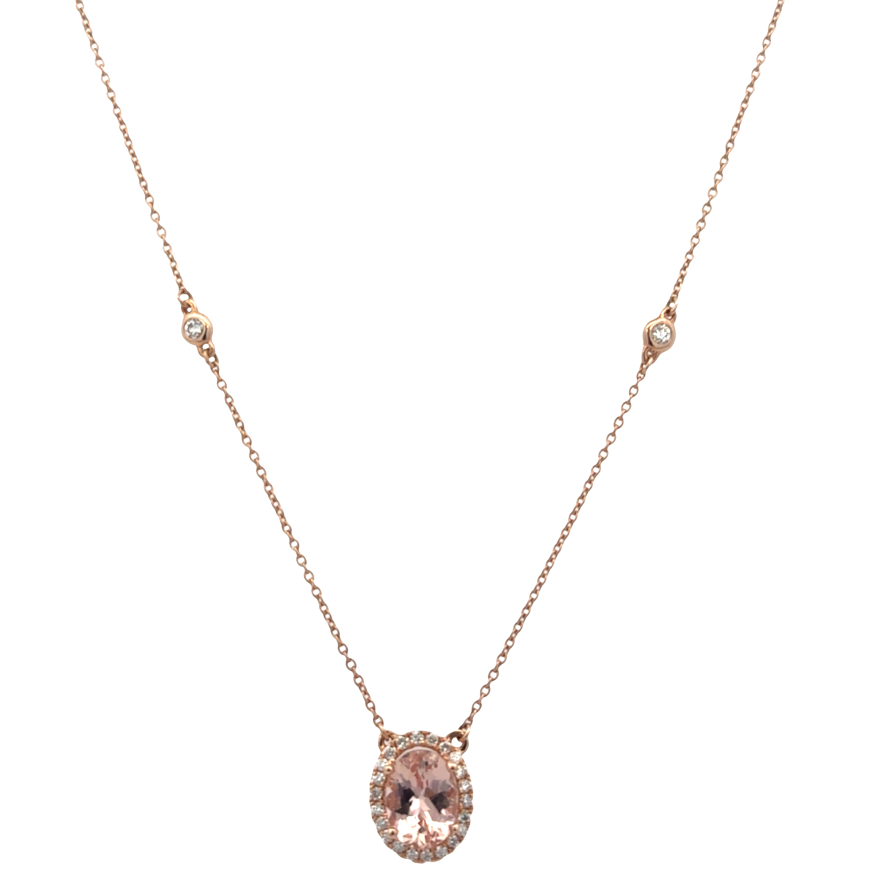 14k Rose Gold Morganite & Diamond Halo Station Necklace – 18"