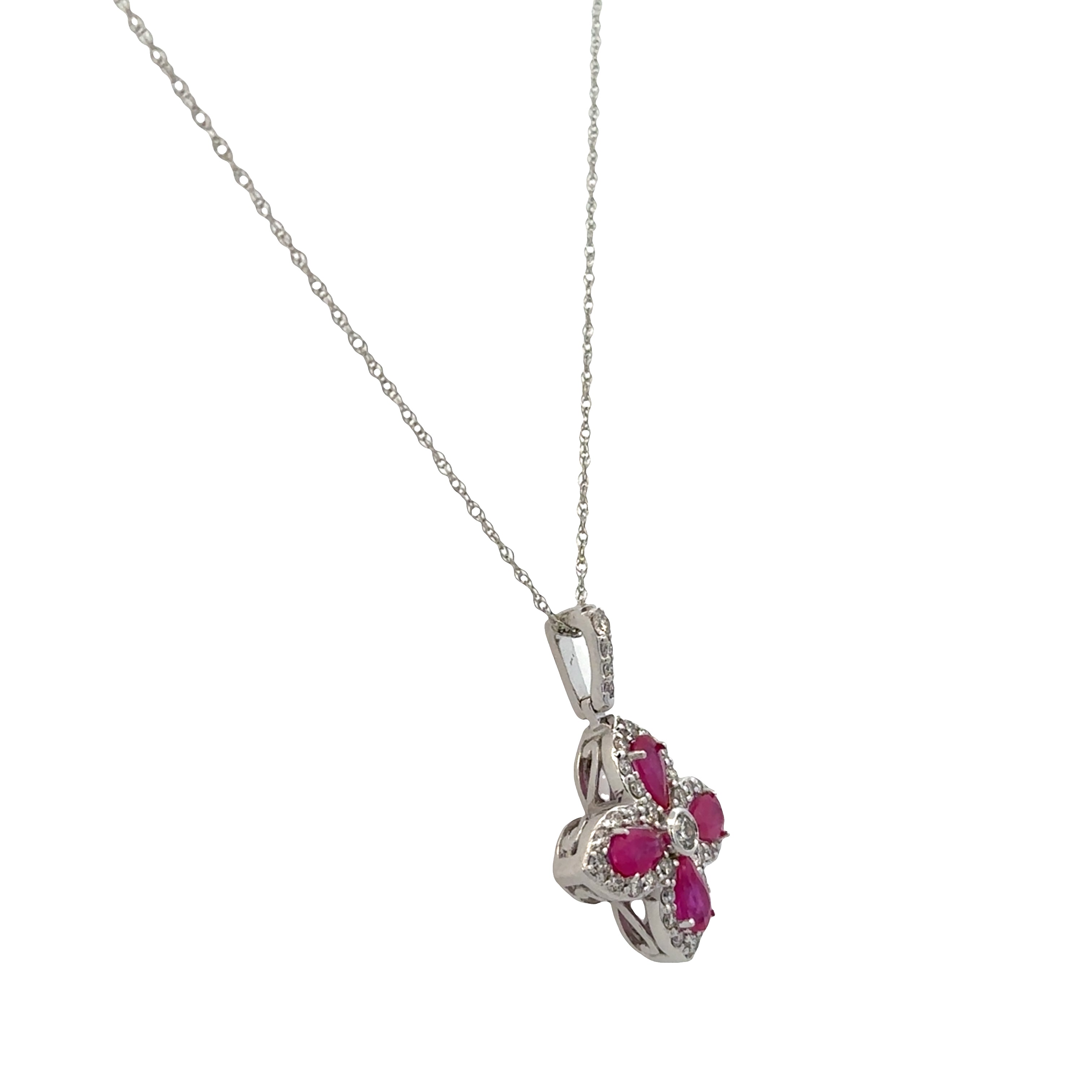 14k White Gold Ruby & Diamond Quatrefoil Pendant Necklace – 18"