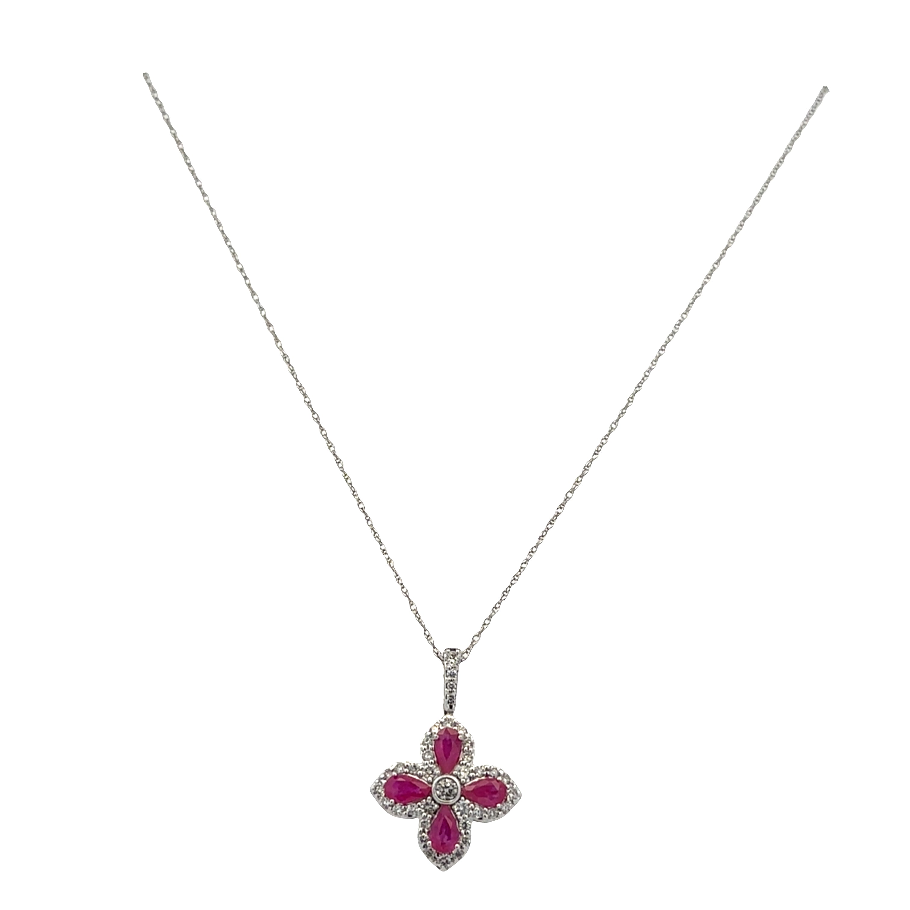 14k White Gold Ruby & Diamond Quatrefoil Pendant Necklace – 18"