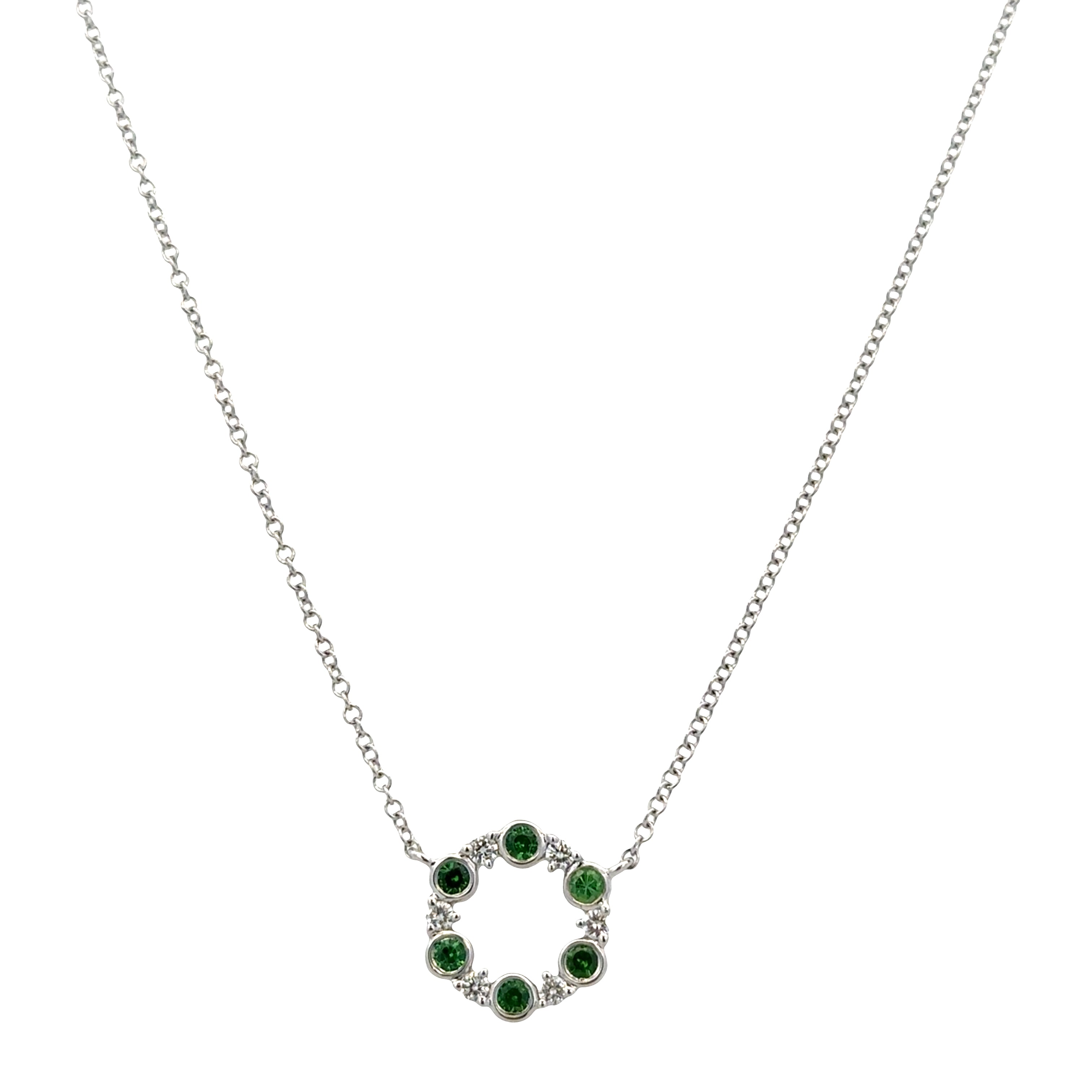 14k White Gold Tsavorite Garnet & Diamond Circle Necklace – 18"
