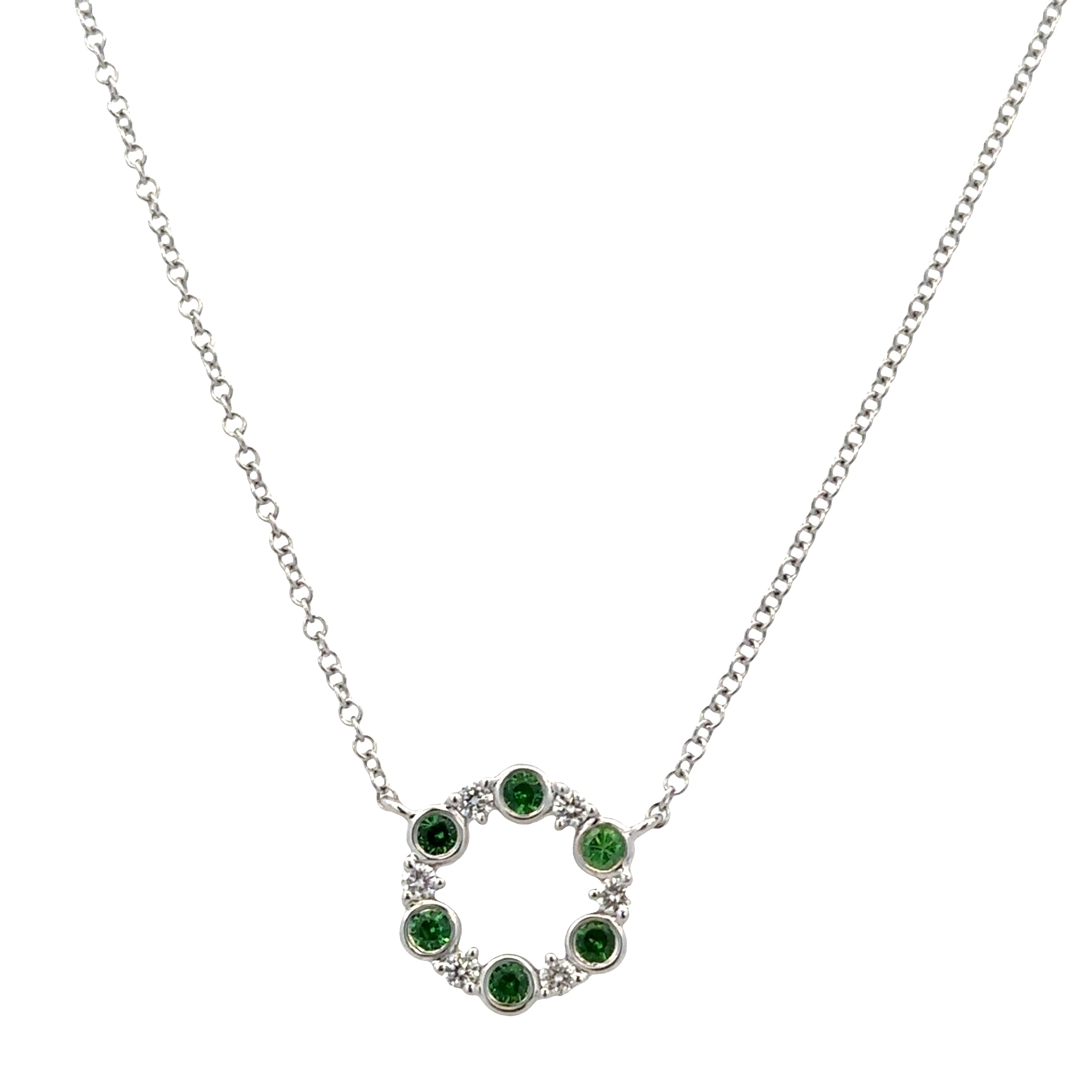 14k White Gold Tsavorite Garnet & Diamond Circle Necklace – 18"