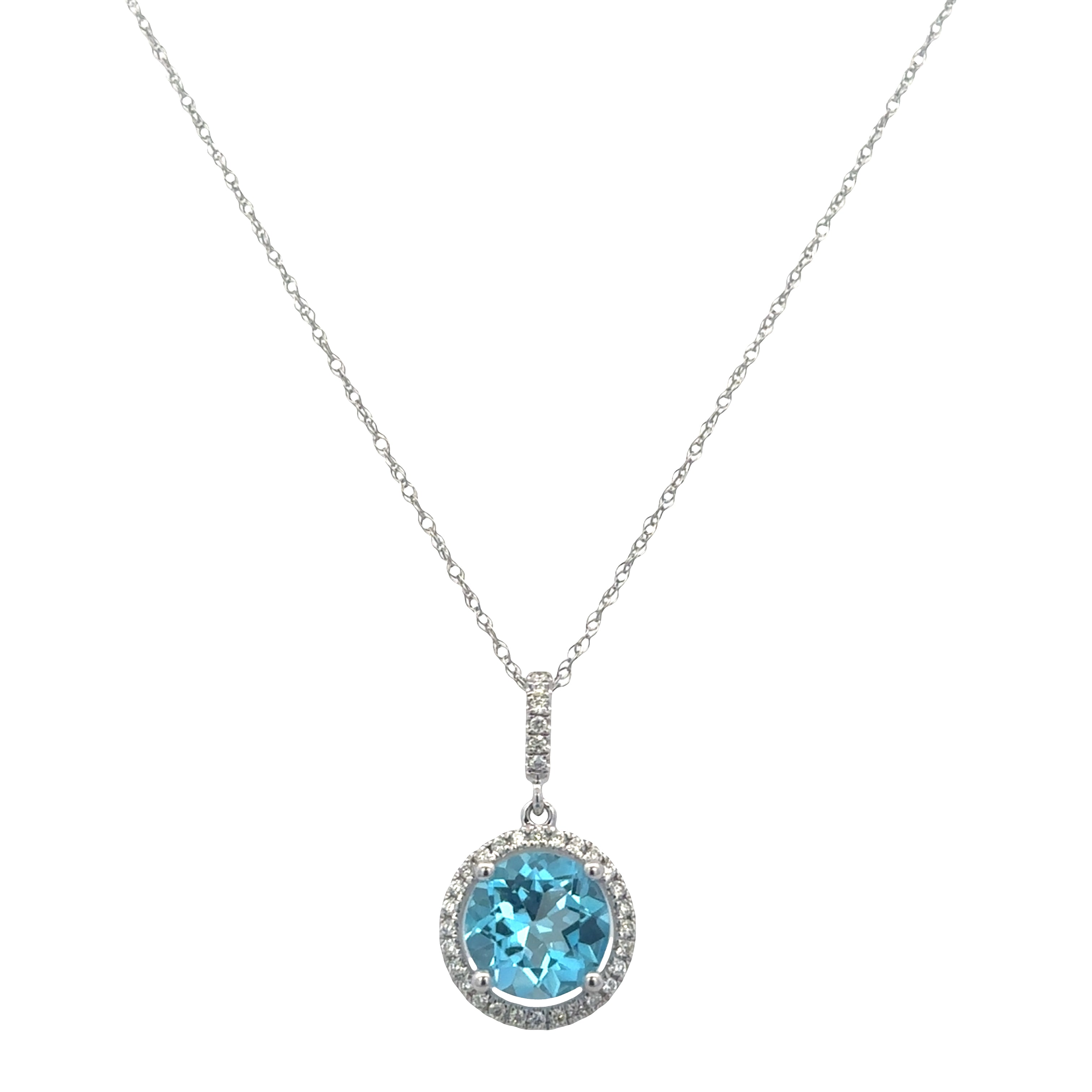 14k White Gold Blue Topaz & Diamond Halo Pendant Necklace – 18"