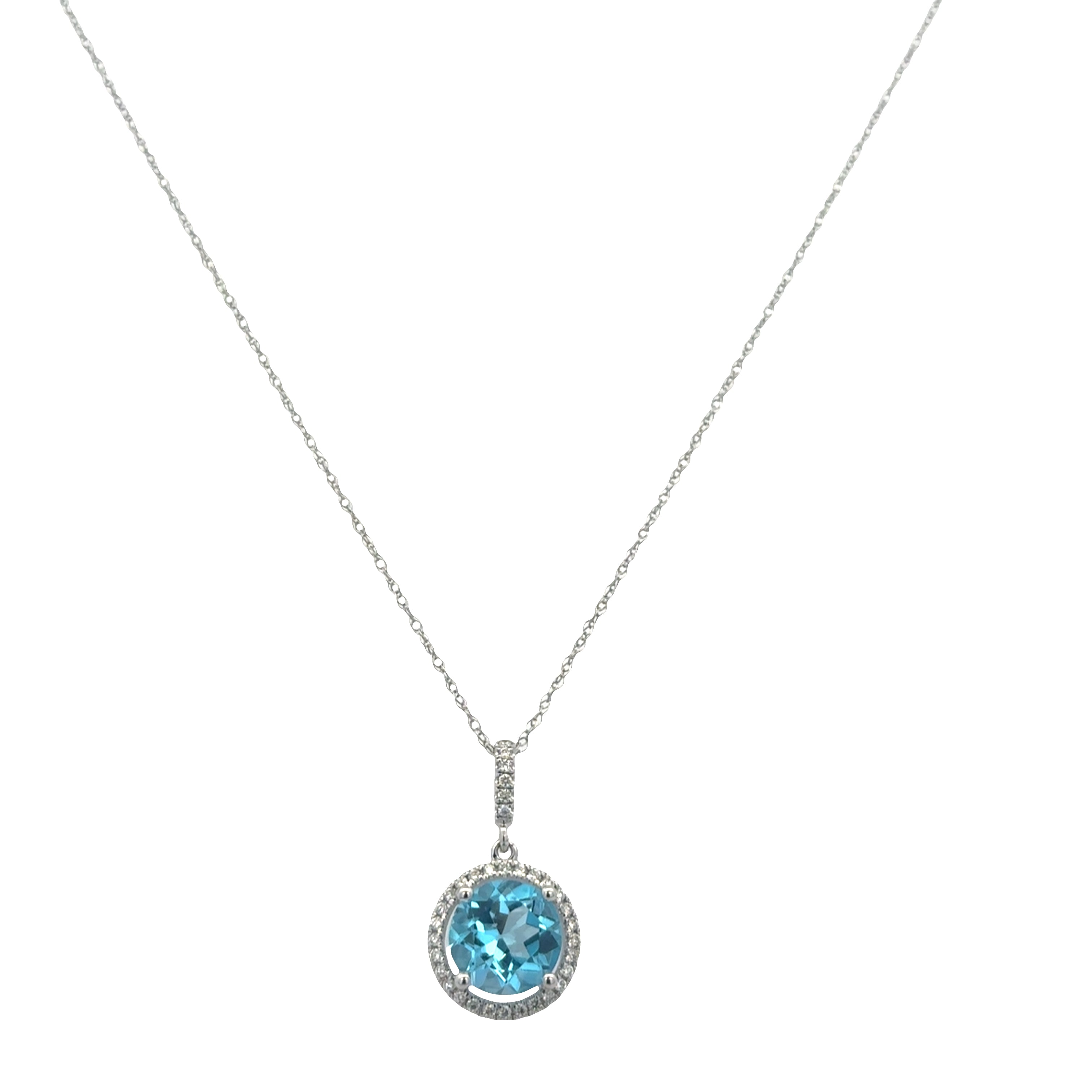 14k White Gold Blue Topaz & Diamond Halo Pendant Necklace – 18"