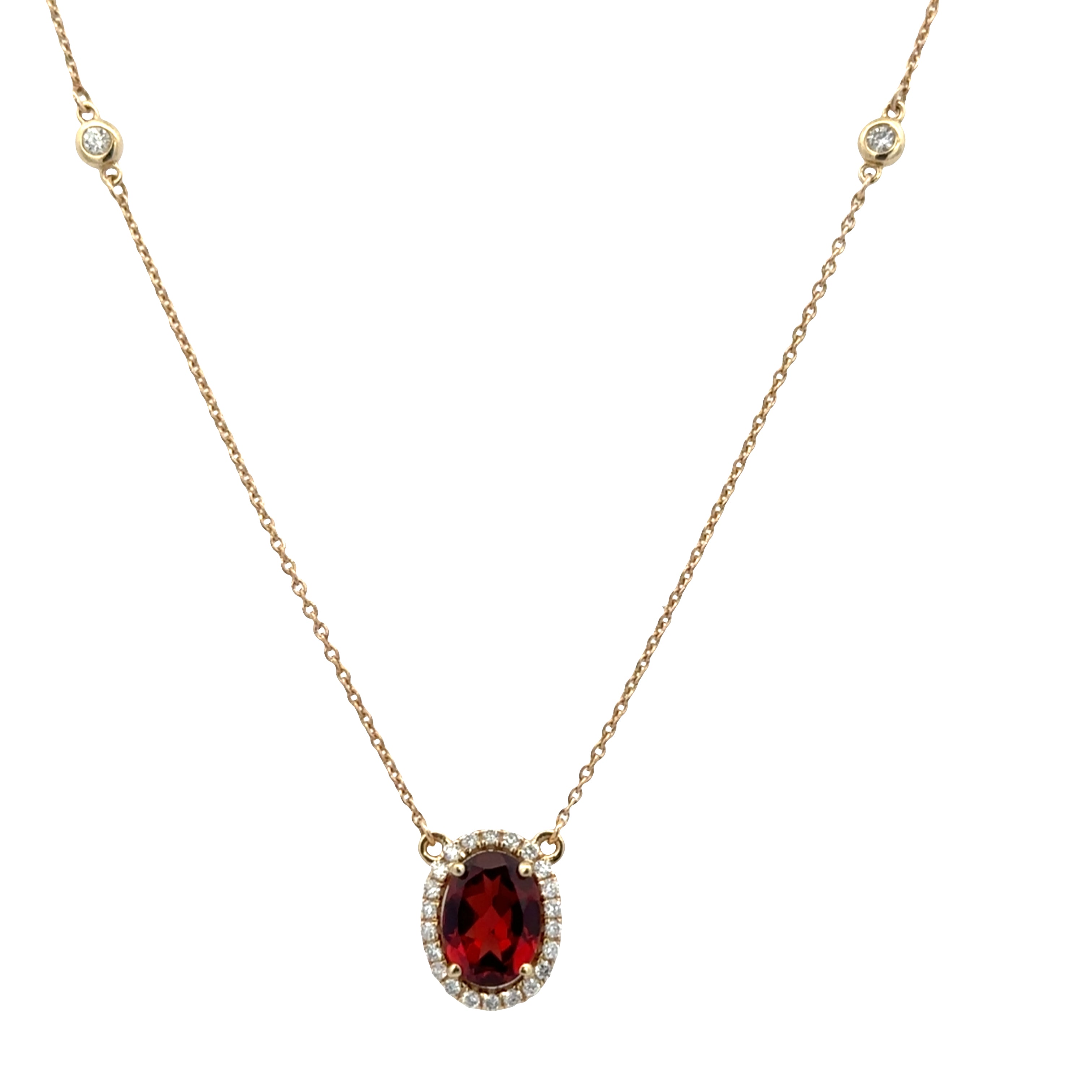 14k Yellow Gold Garnet & Diamond Halo Necklace – 16"