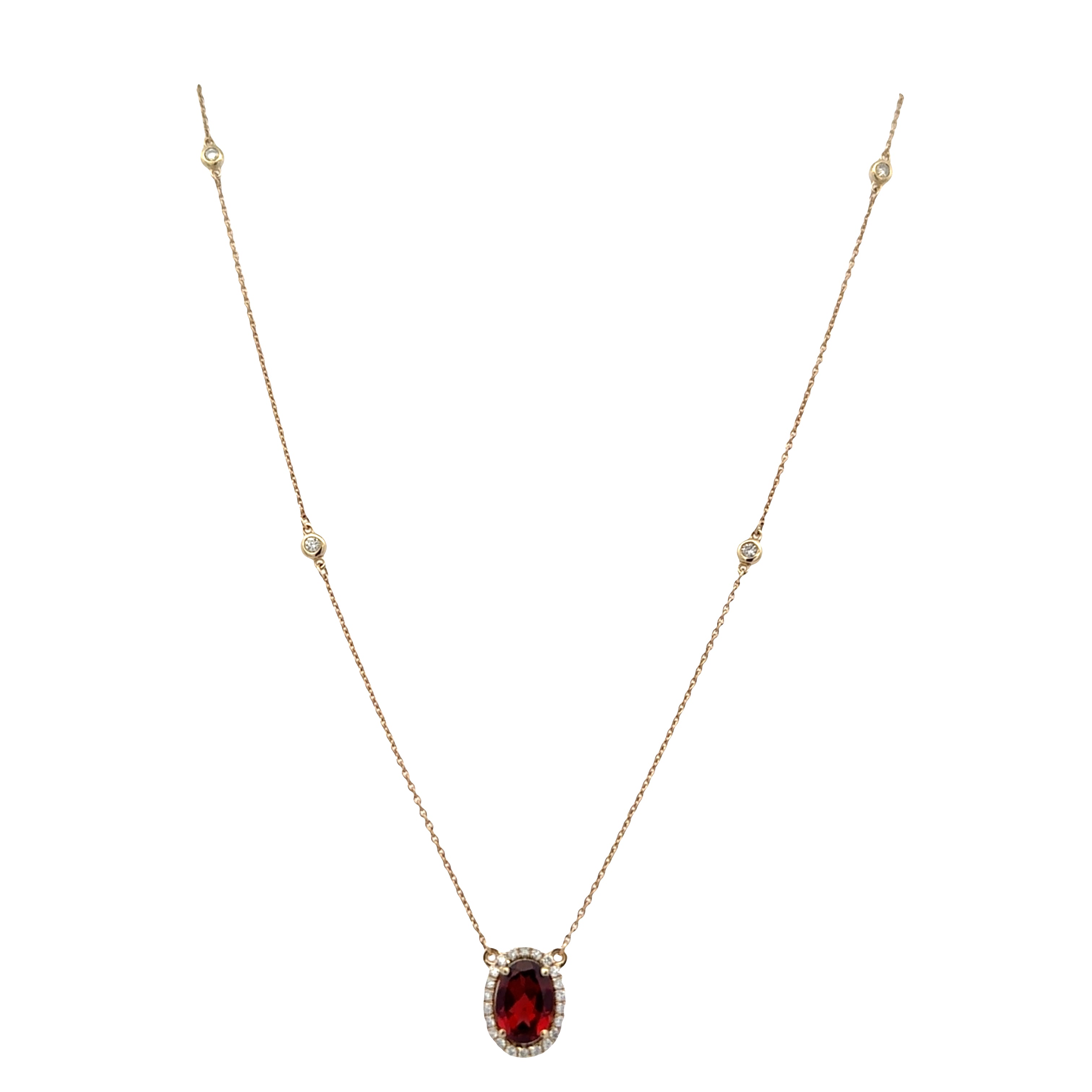 14k Yellow Gold Garnet & Diamond Halo Necklace – 16"