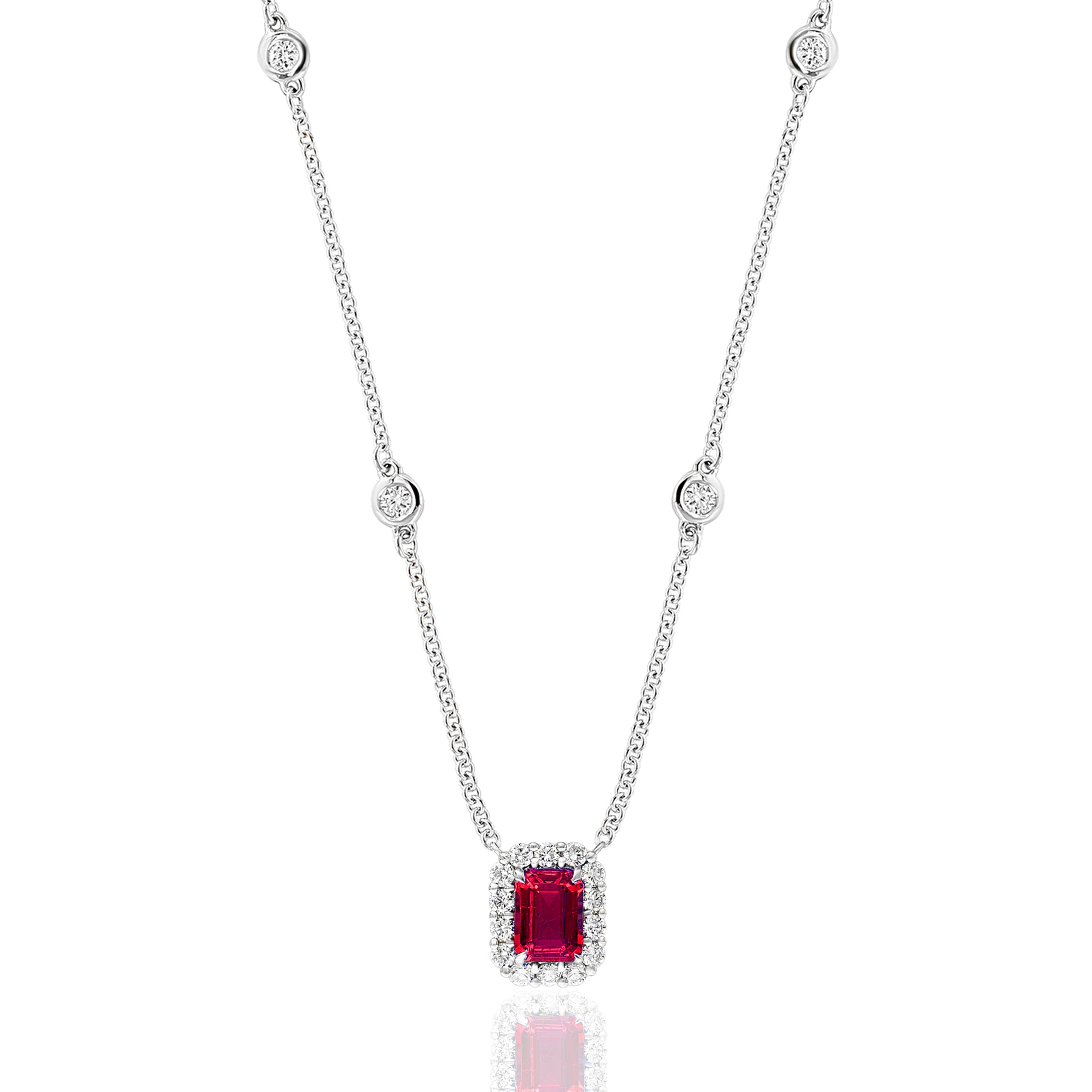 18k White Gold Ruby & Diamond Halo Necklace – 18"
