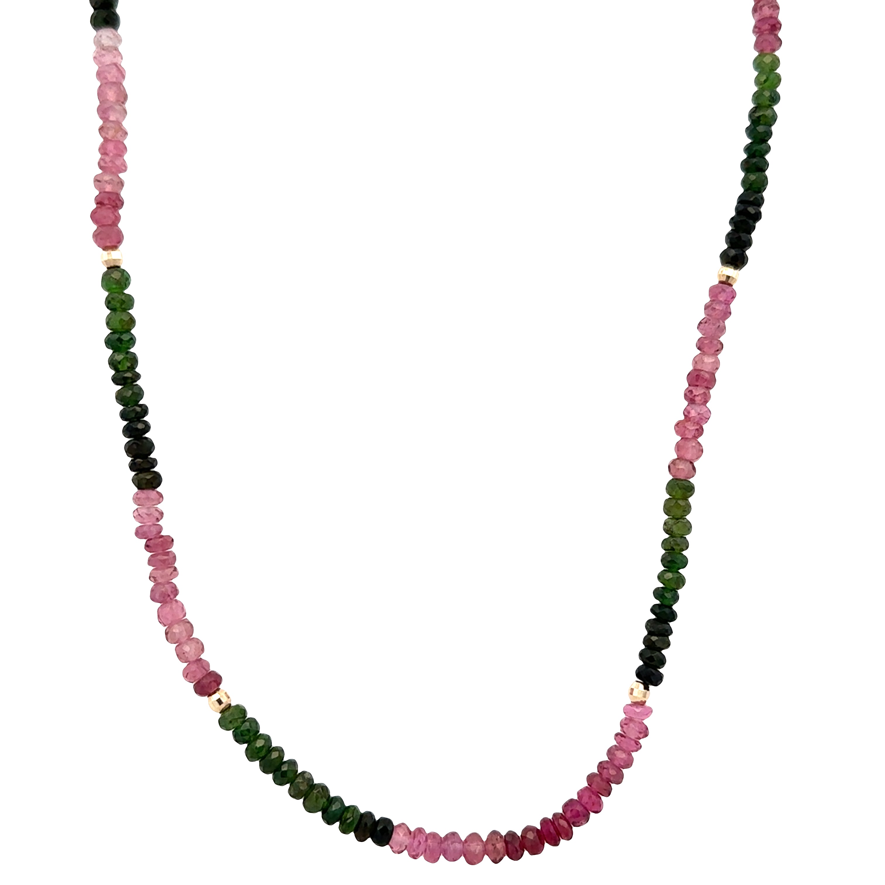 18k Yellow Gold Pink & Green Tourmaline Beaded Necklace – Adjustable 16"