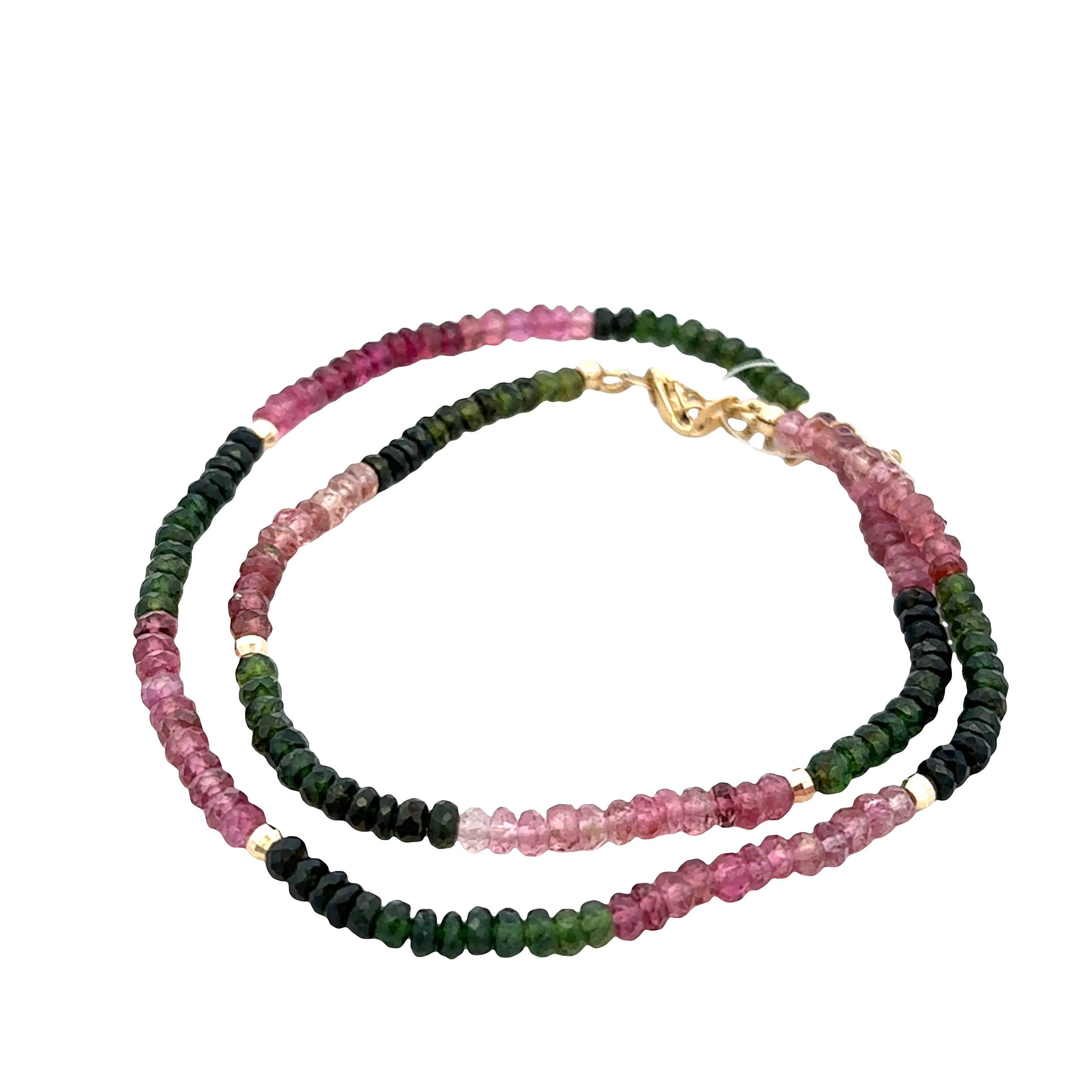 18k Yellow Gold Pink & Green Tourmaline Beaded Necklace – Adjustable 16"