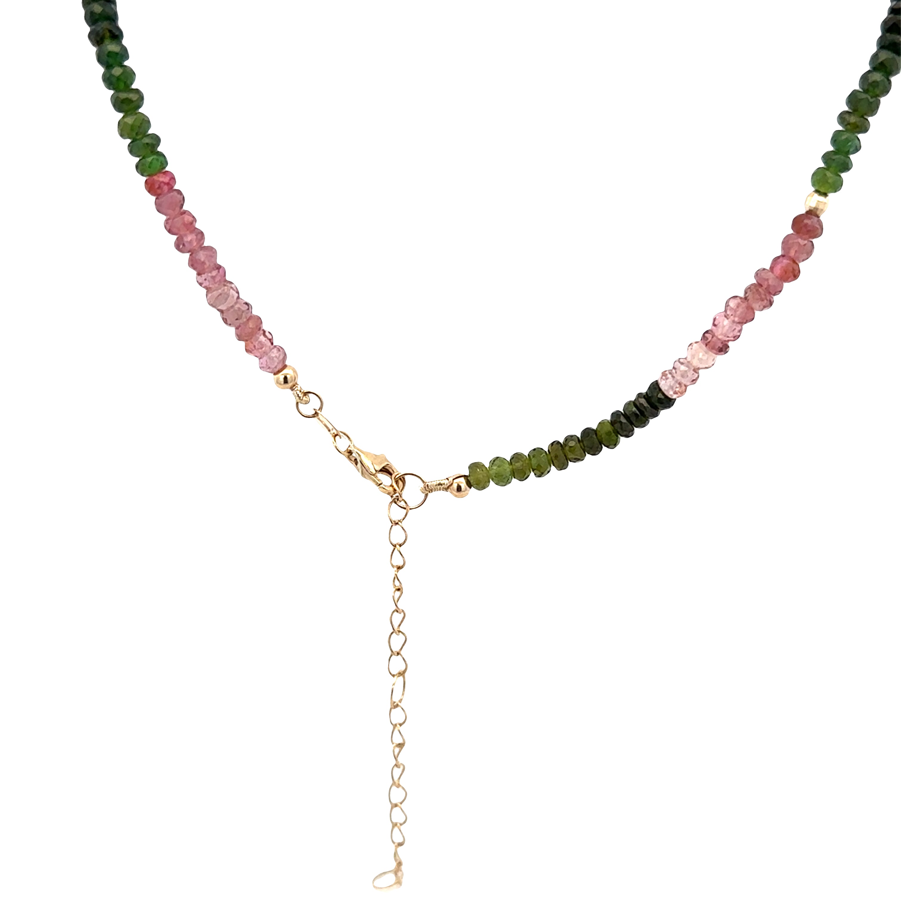 18k Yellow Gold Pink & Green Tourmaline Beaded Necklace – Adjustable 16"
