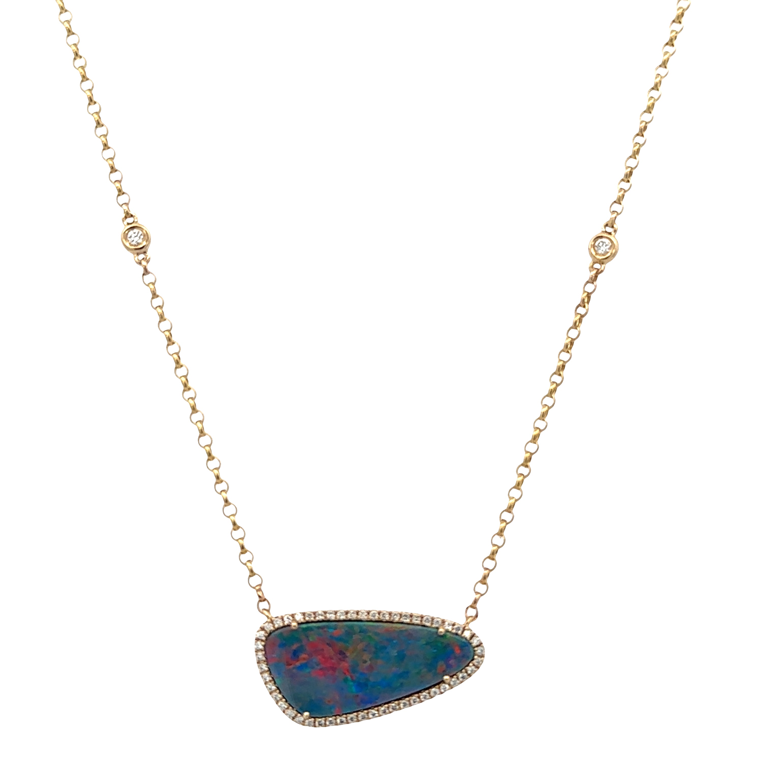 14k Yellow Gold Asymmetrical Opal & Diamond Halo Necklace – Adjustable 16–18"