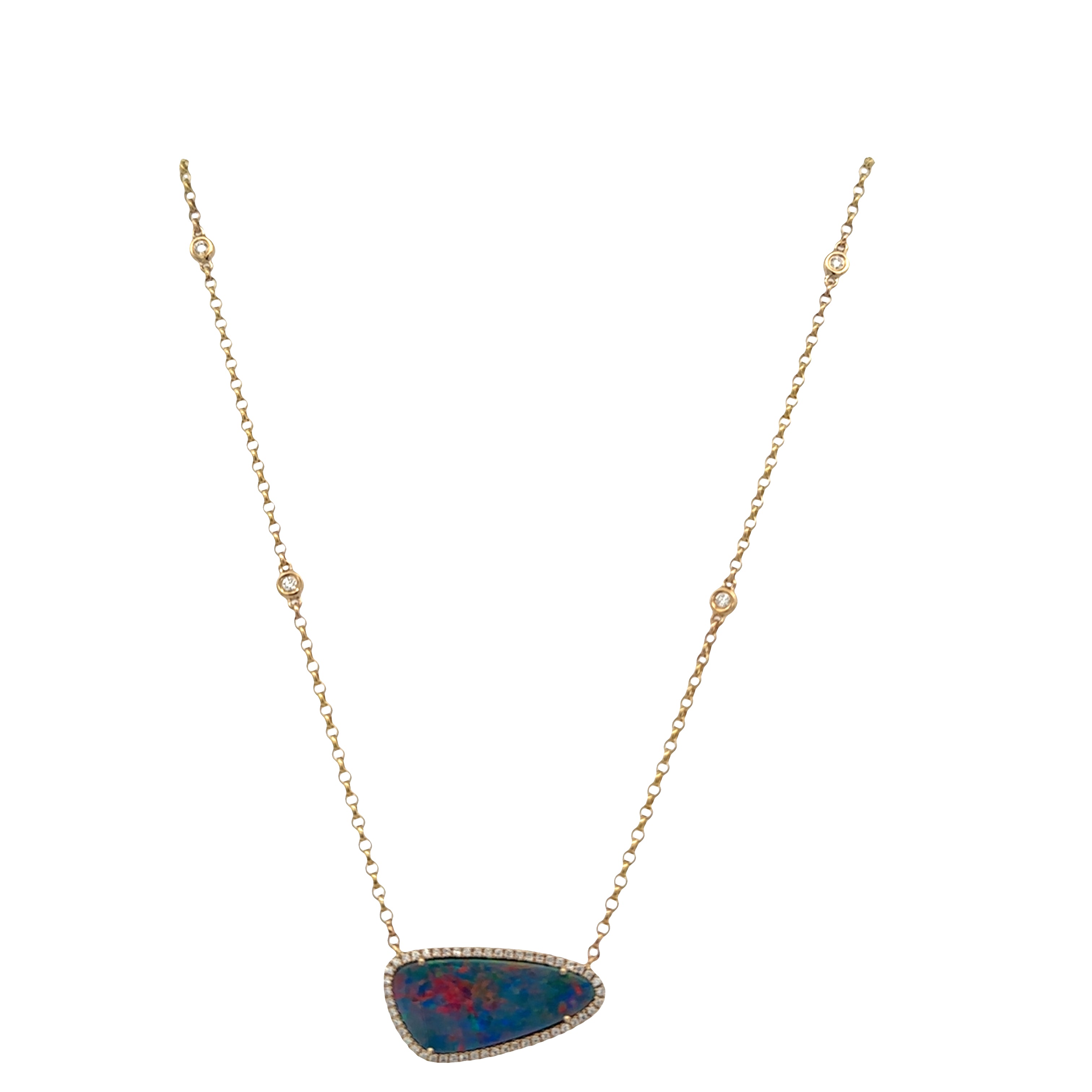 14k Yellow Gold Asymmetrical Opal & Diamond Halo Necklace – Adjustable 16–18"