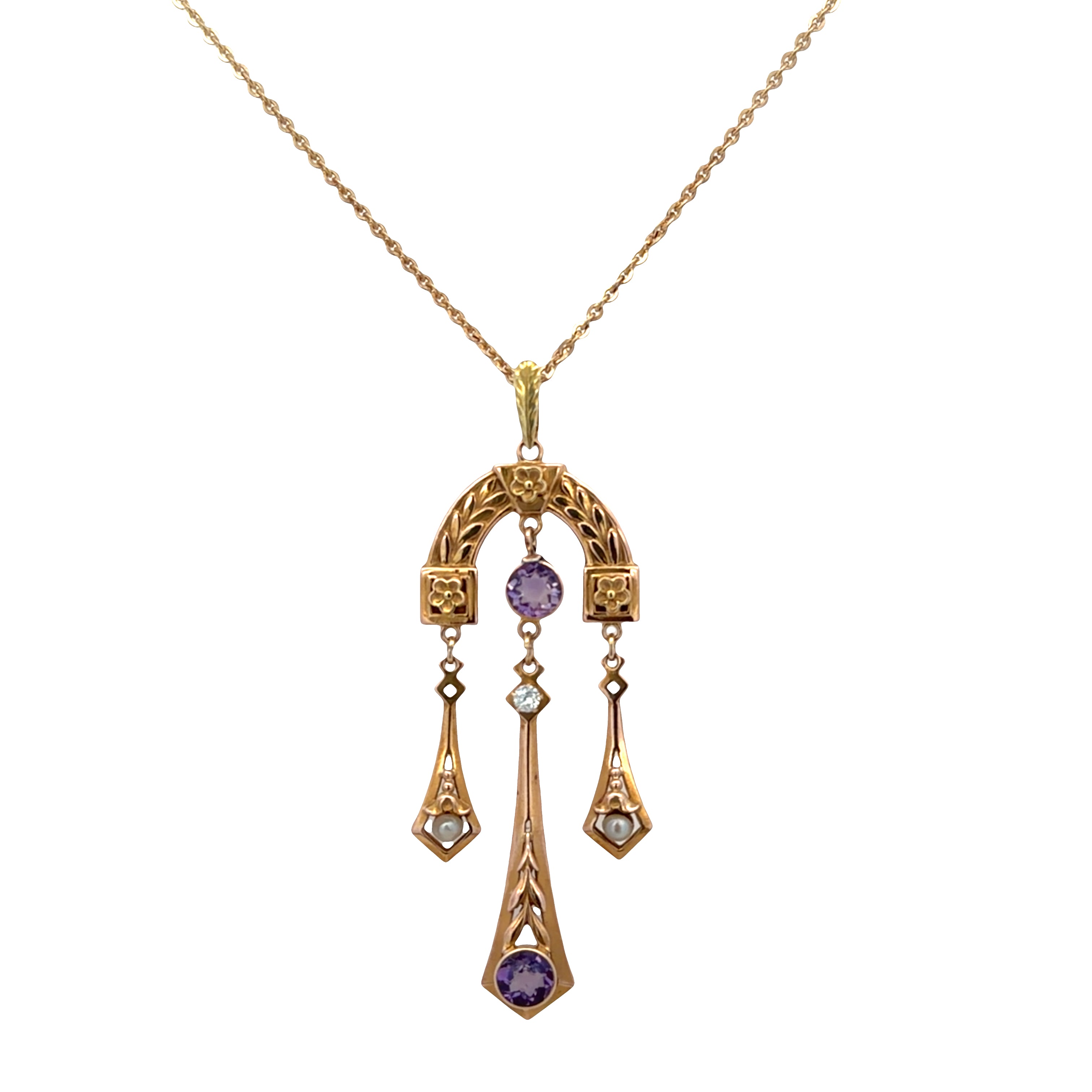 Antique Victorian 14k Rose & Green Gold Amethyst, Seed Pearl & Diamond Lavalier Pendant Necklace