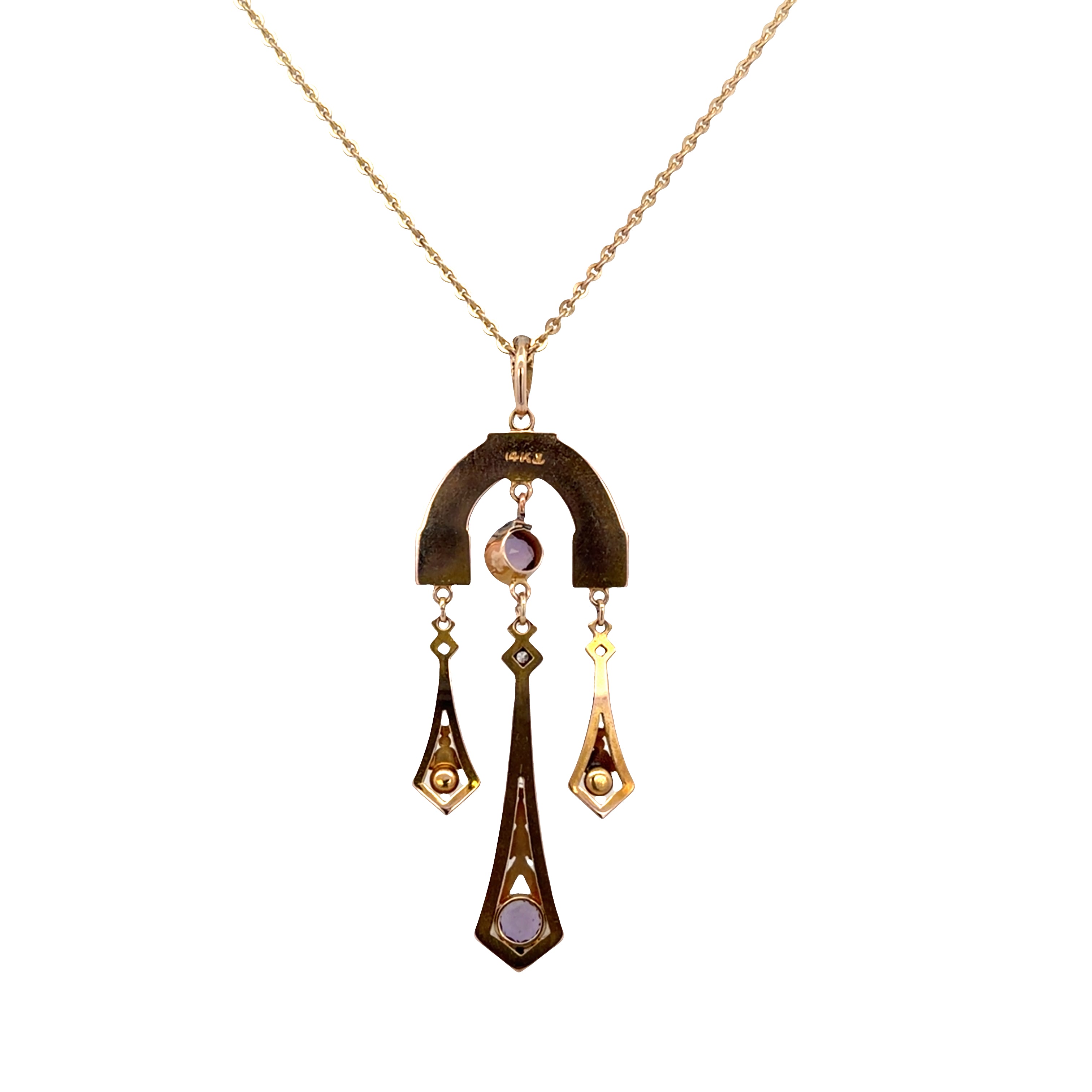 Antique Victorian 14k Rose & Green Gold Amethyst, Seed Pearl & Diamond Lavalier Pendant Necklace