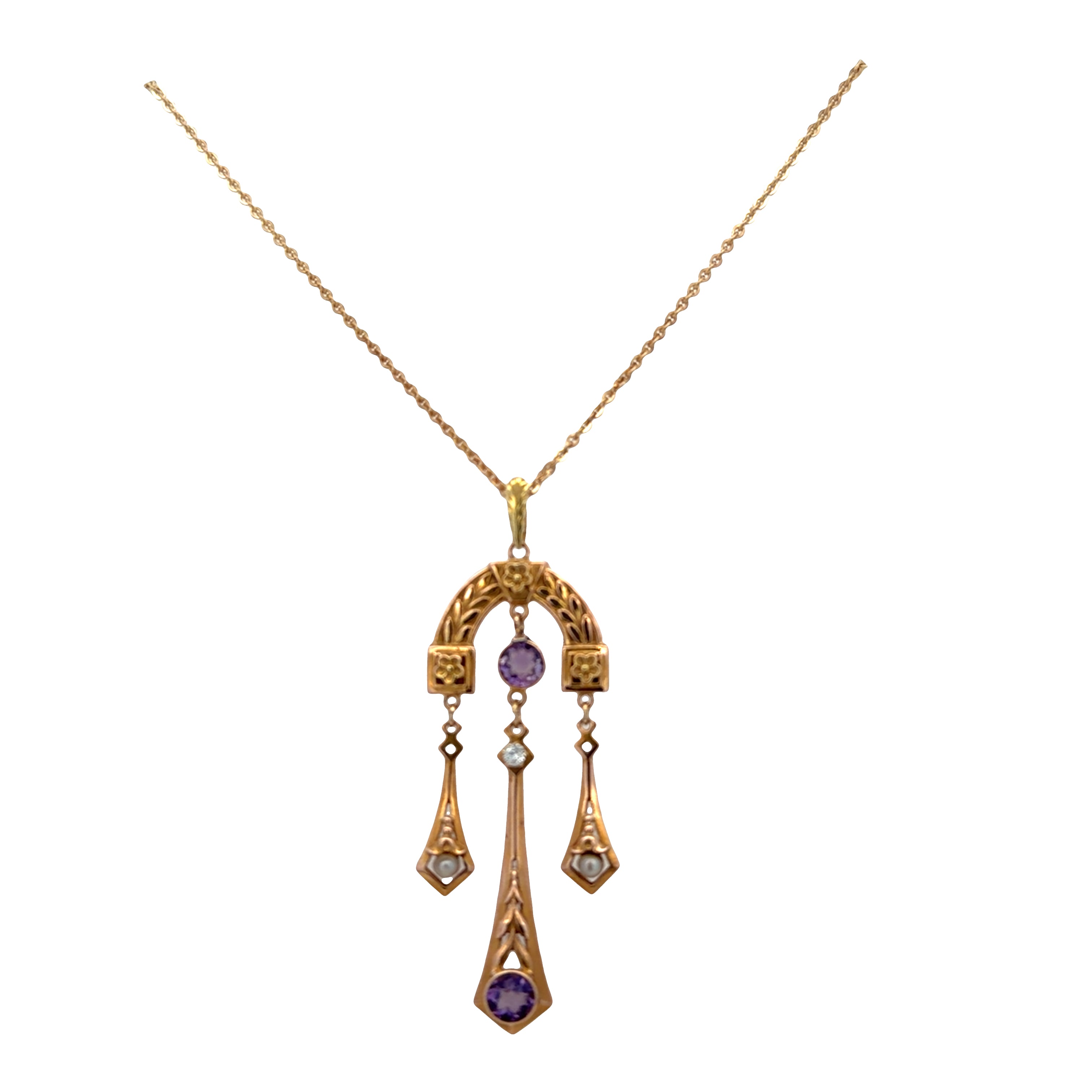 Antique Victorian 14k Rose & Green Gold Amethyst, Seed Pearl & Diamond Lavalier Pendant Necklace