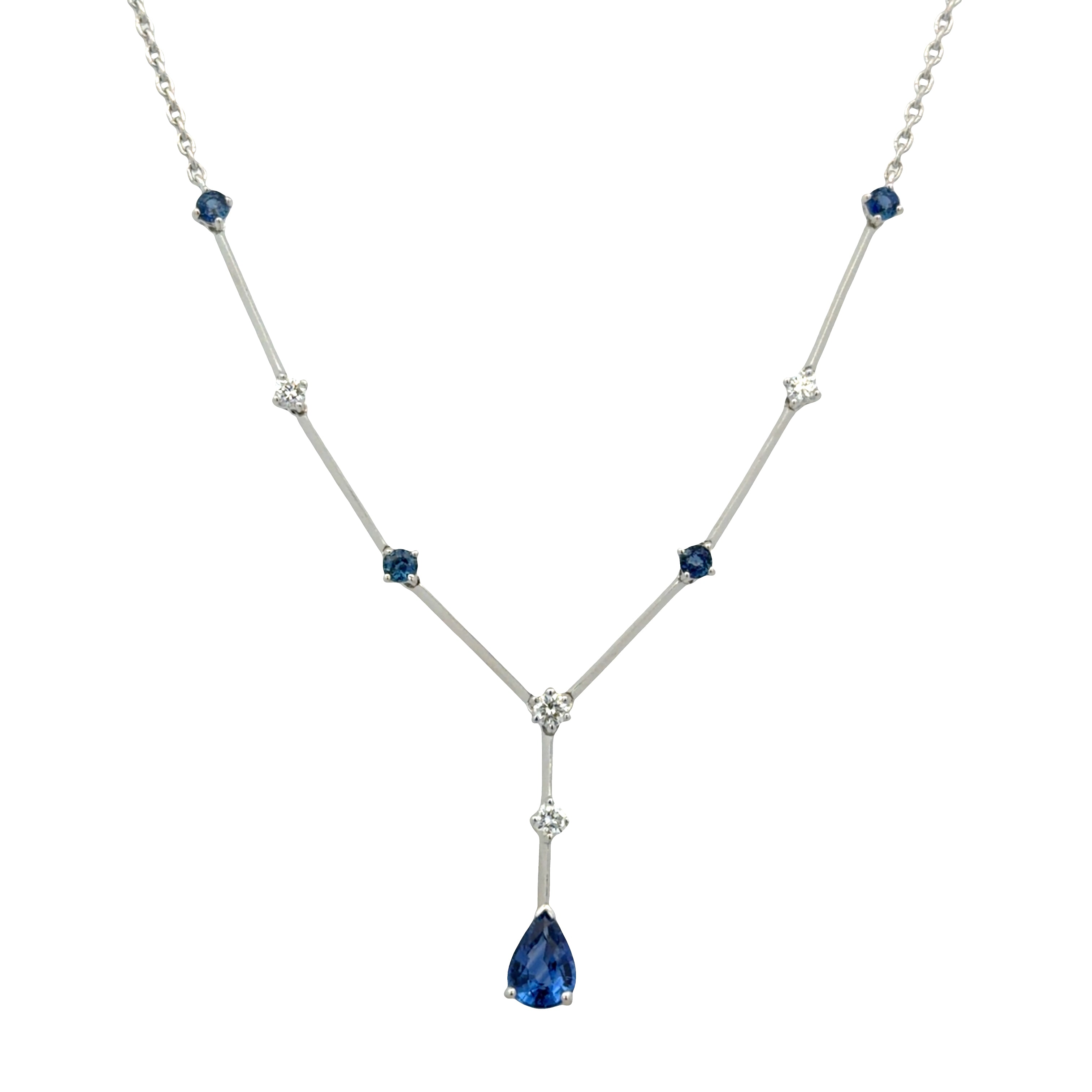 18k White Gold Blue Sapphire & Diamond Y-Style Drop Necklace