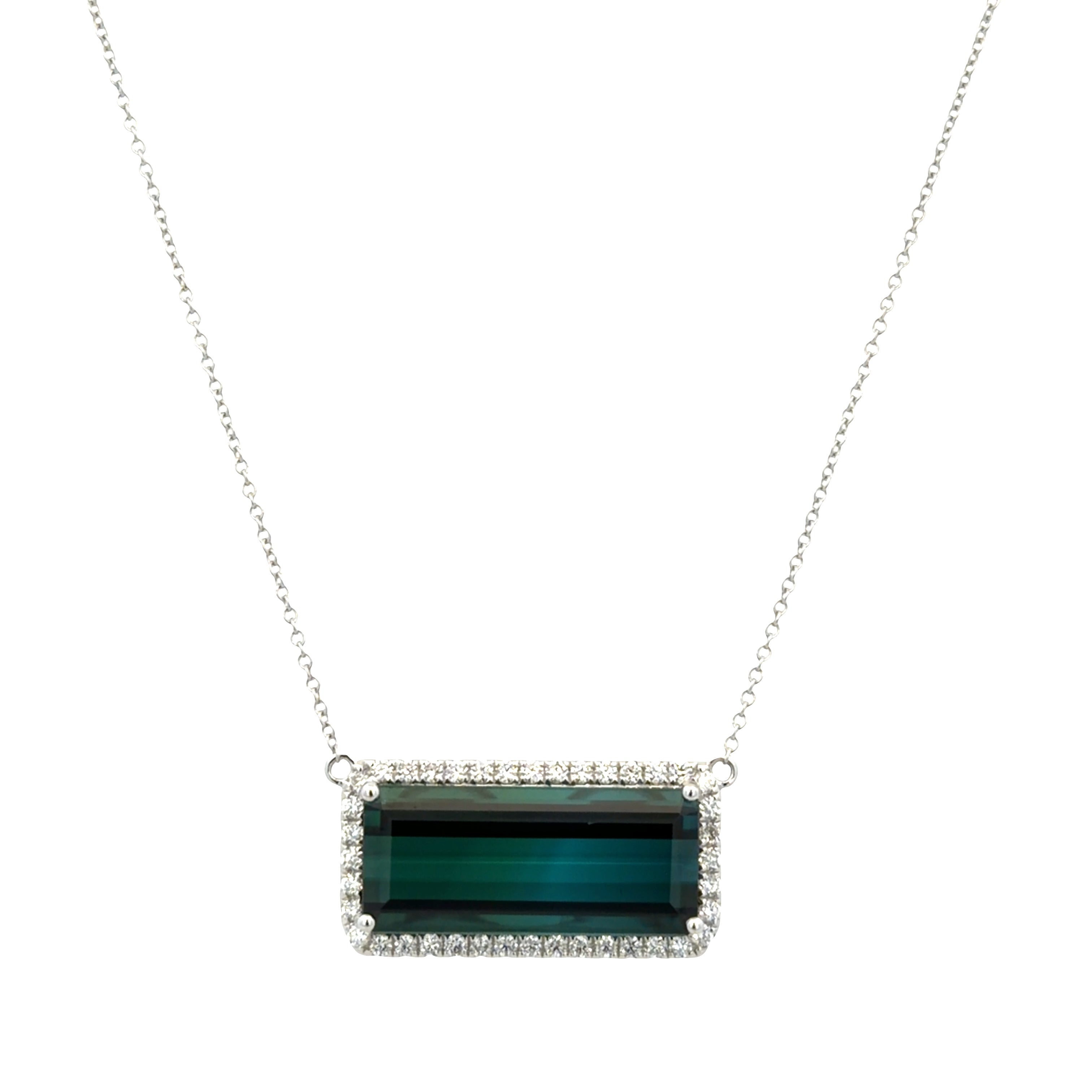 18k White Gold 10.59 CT Blue-Green Tourmaline & Diamond Halo Necklace – 18"