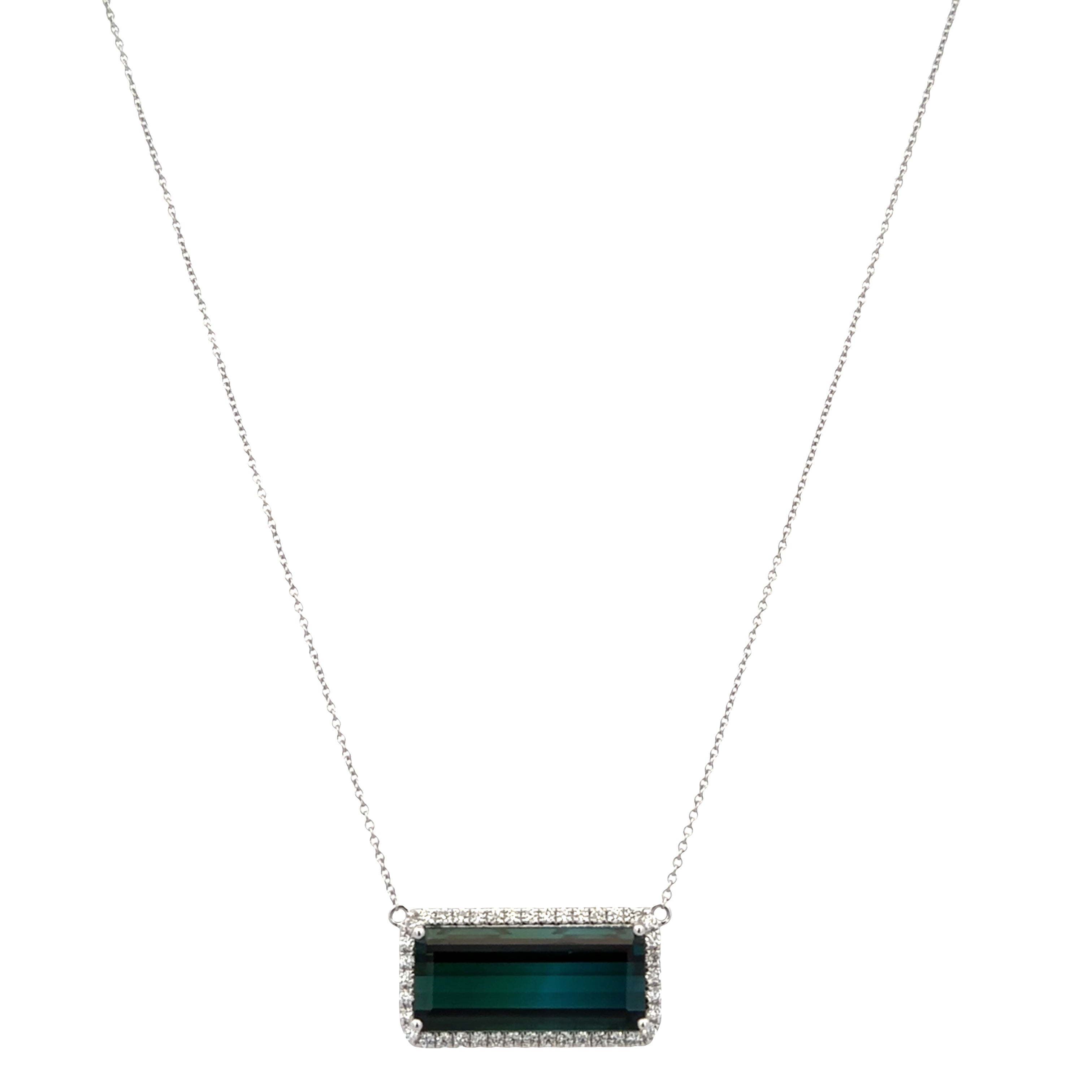 18k White Gold 10.59 CT Blue-Green Tourmaline & Diamond Halo Necklace – 18"