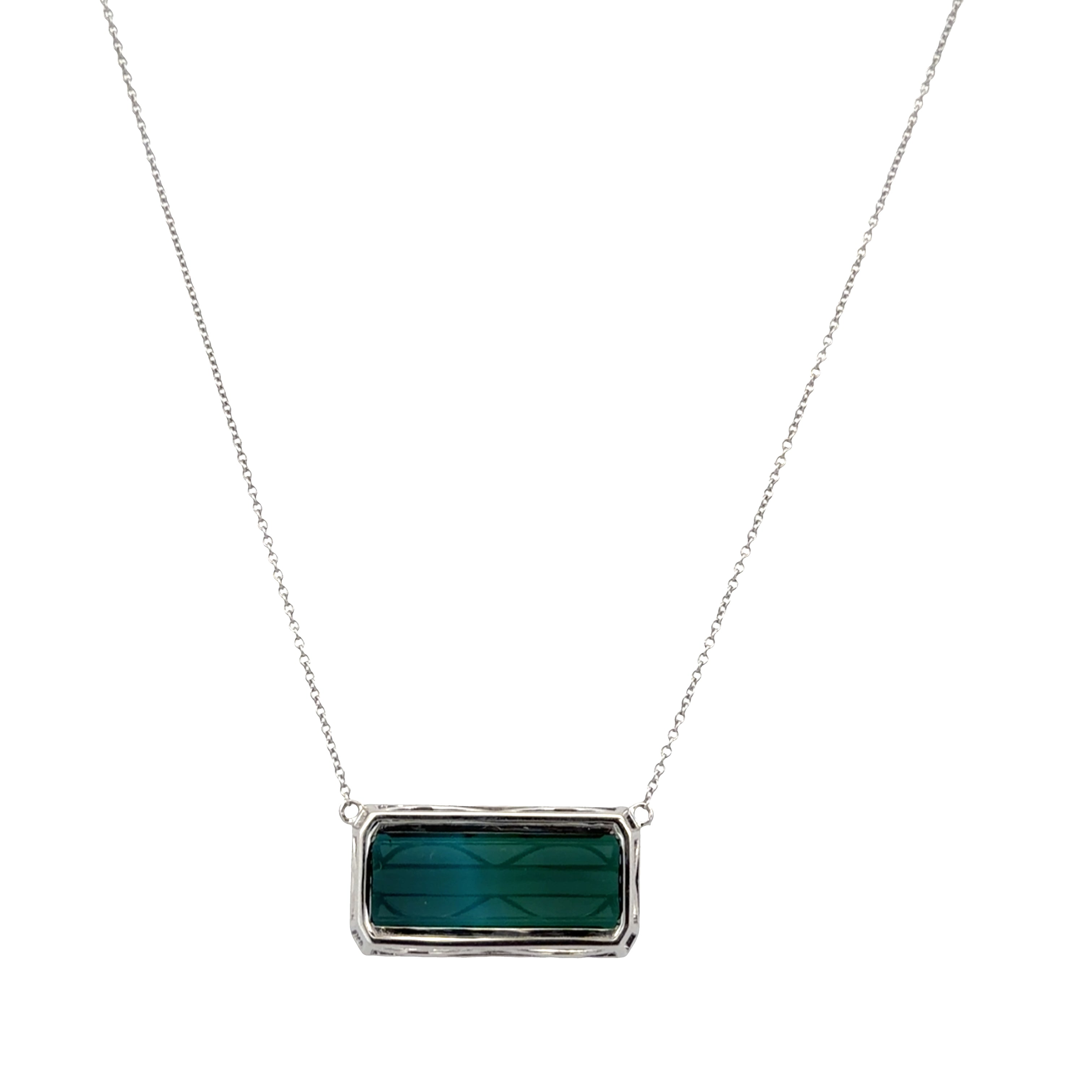 18k White Gold 10.59 CT Blue-Green Tourmaline & Diamond Halo Necklace – 18"