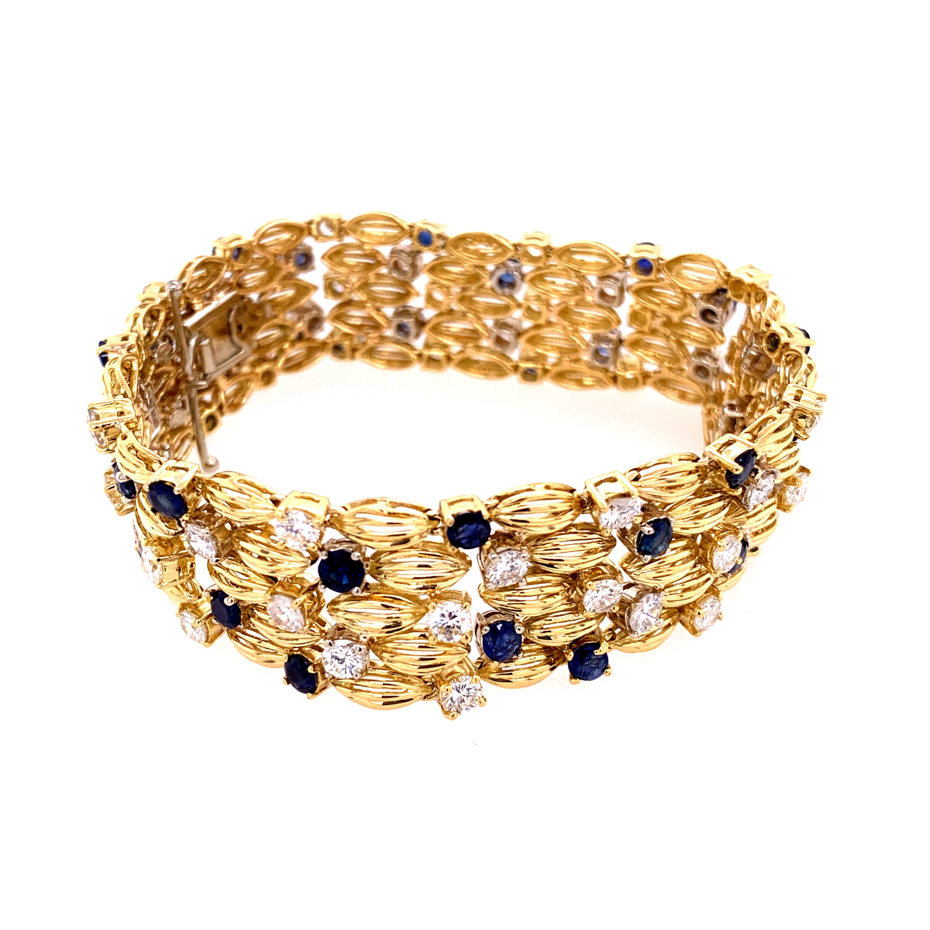 Wide Sapphire and Diamond Bracelet in Yellow Gold