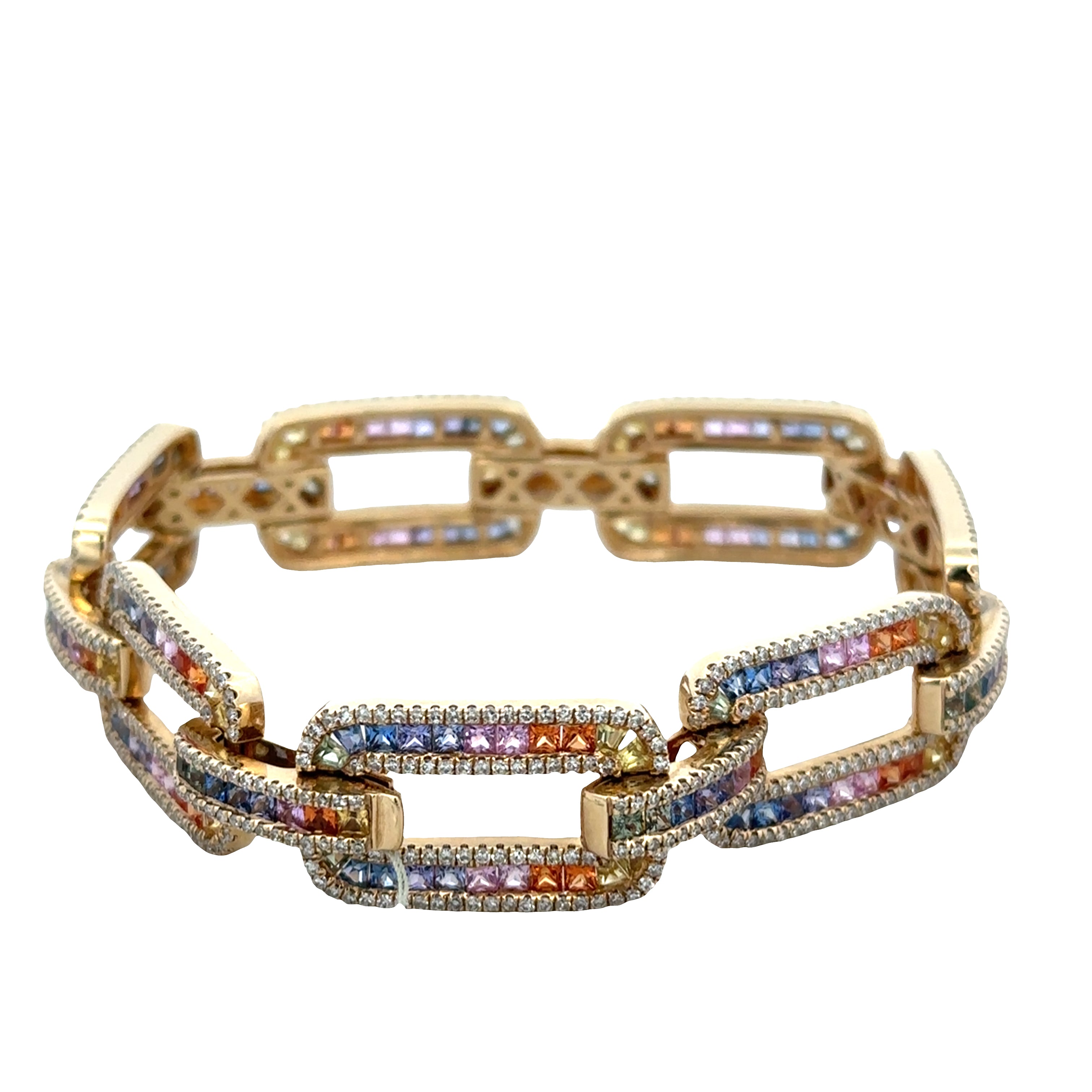 14k Yellow Gold Multicolor Sapphire & Diamond Open Link Bracelet – 7"