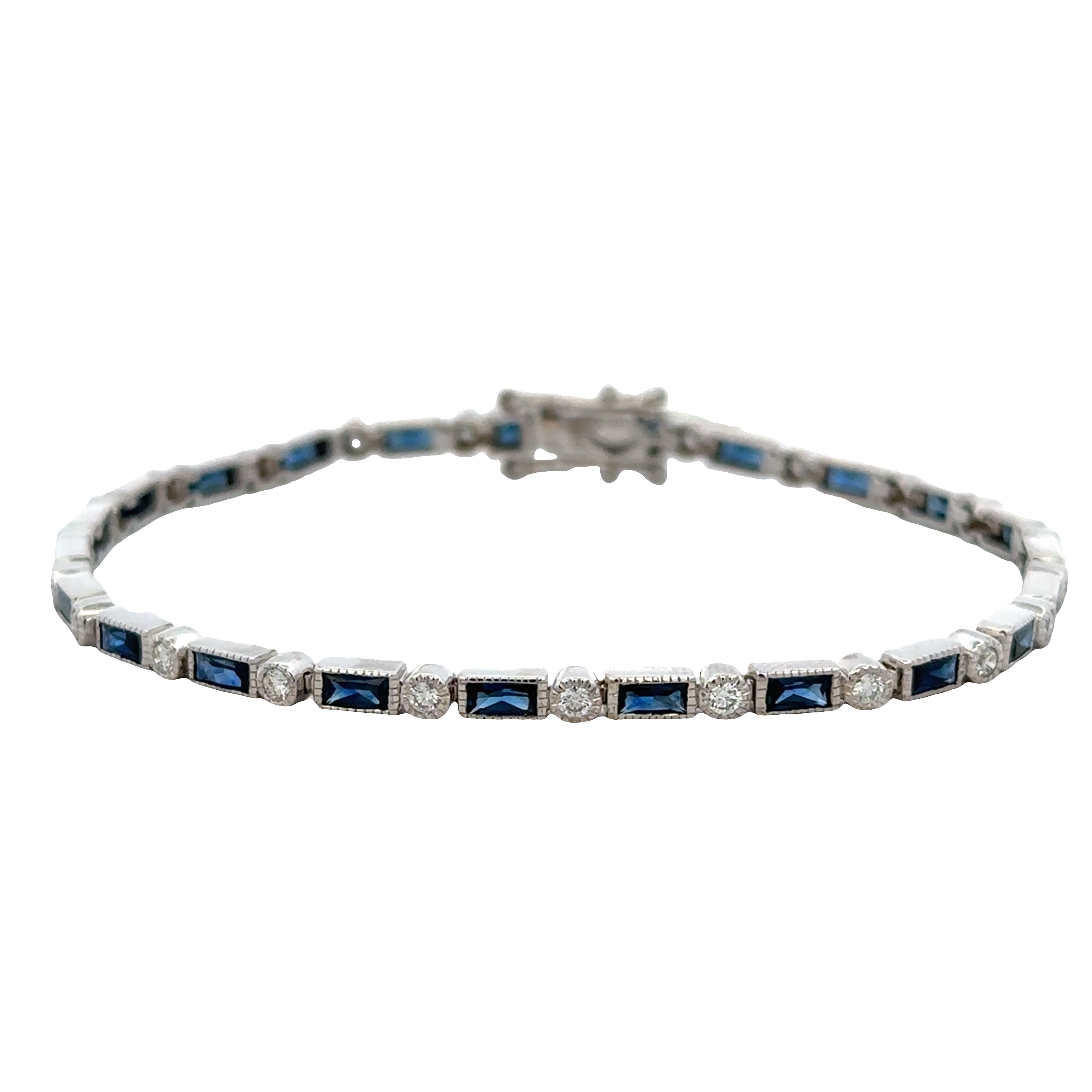 14k White Gold Sapphire & Diamond Milgrain Bezel Bracelet – 7.5" Long