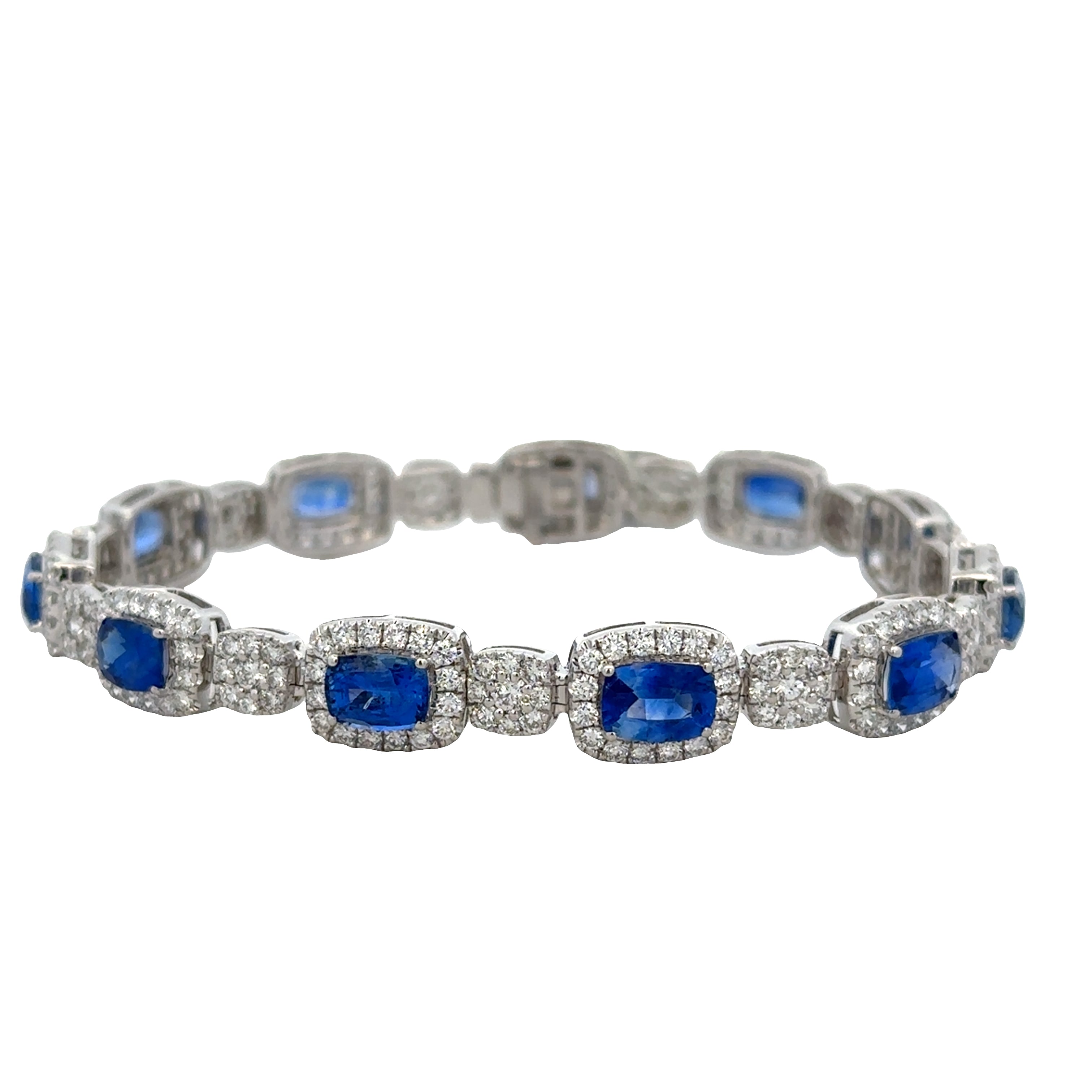 14k White Gold East-West Cushion Sapphire & Diamond Halo Bracelet