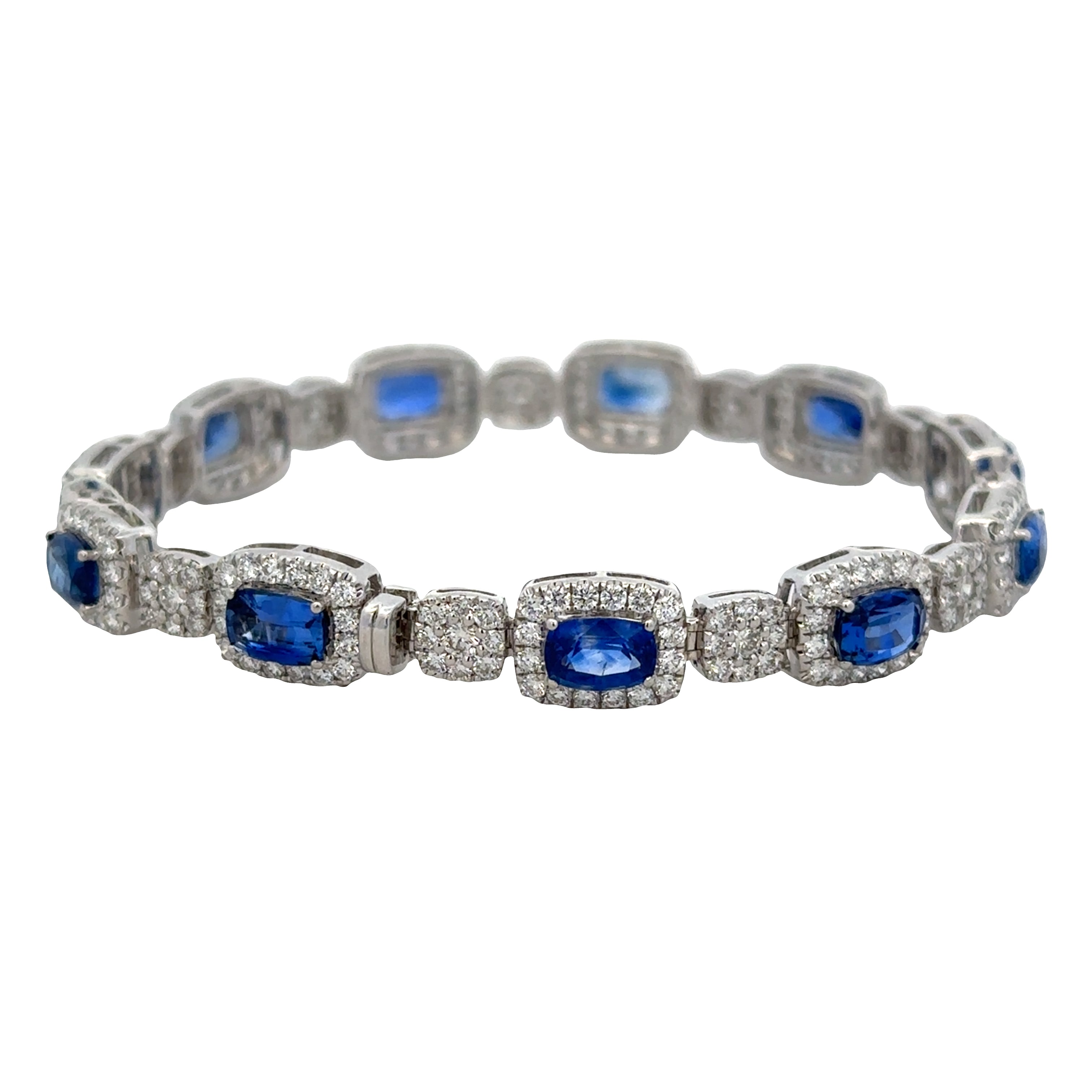 14k White Gold East-West Cushion Sapphire & Diamond Halo Bracelet