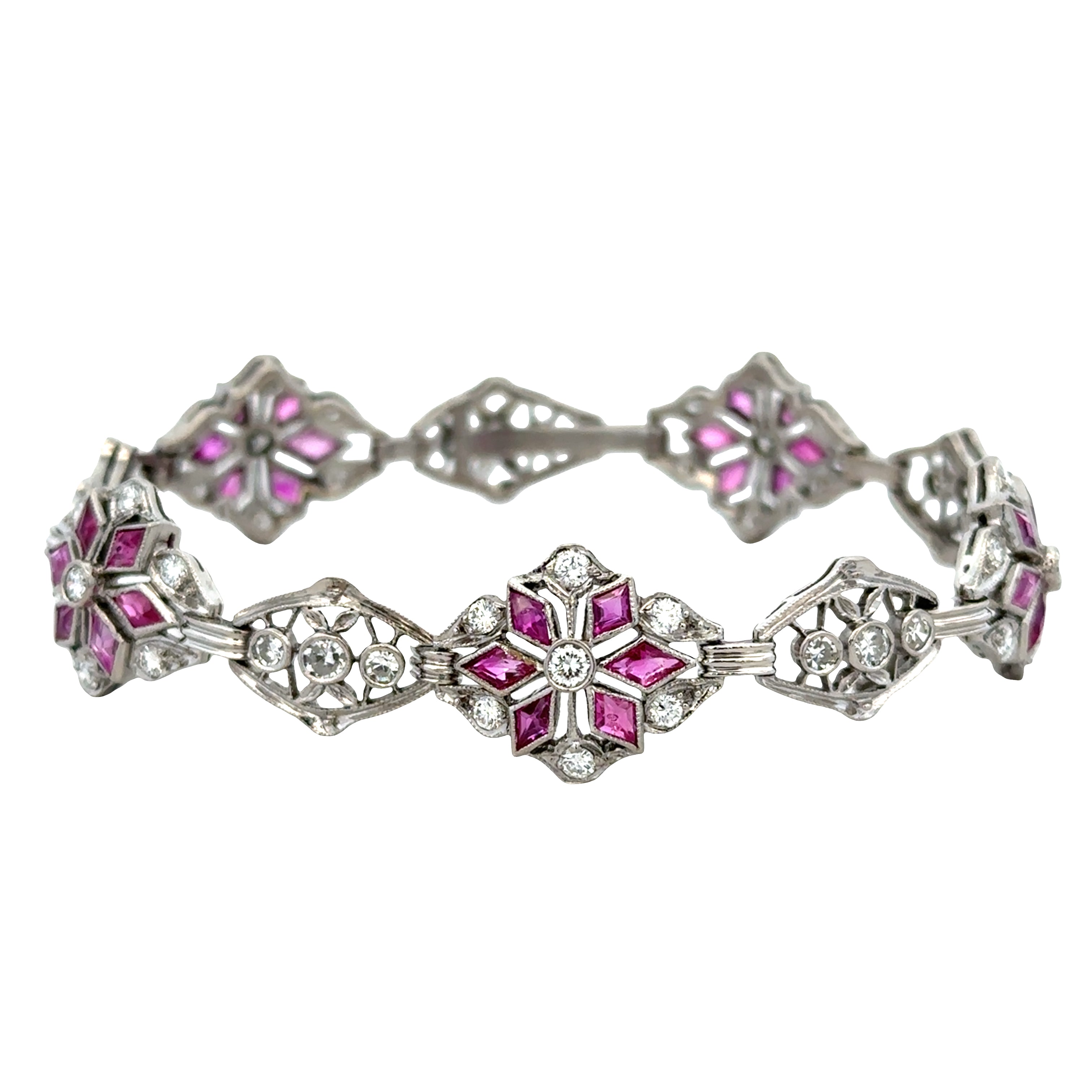 Antique Art Deco 14k White Gold Ruby & Diamond Snowflake Bracelet – Circa 1920s