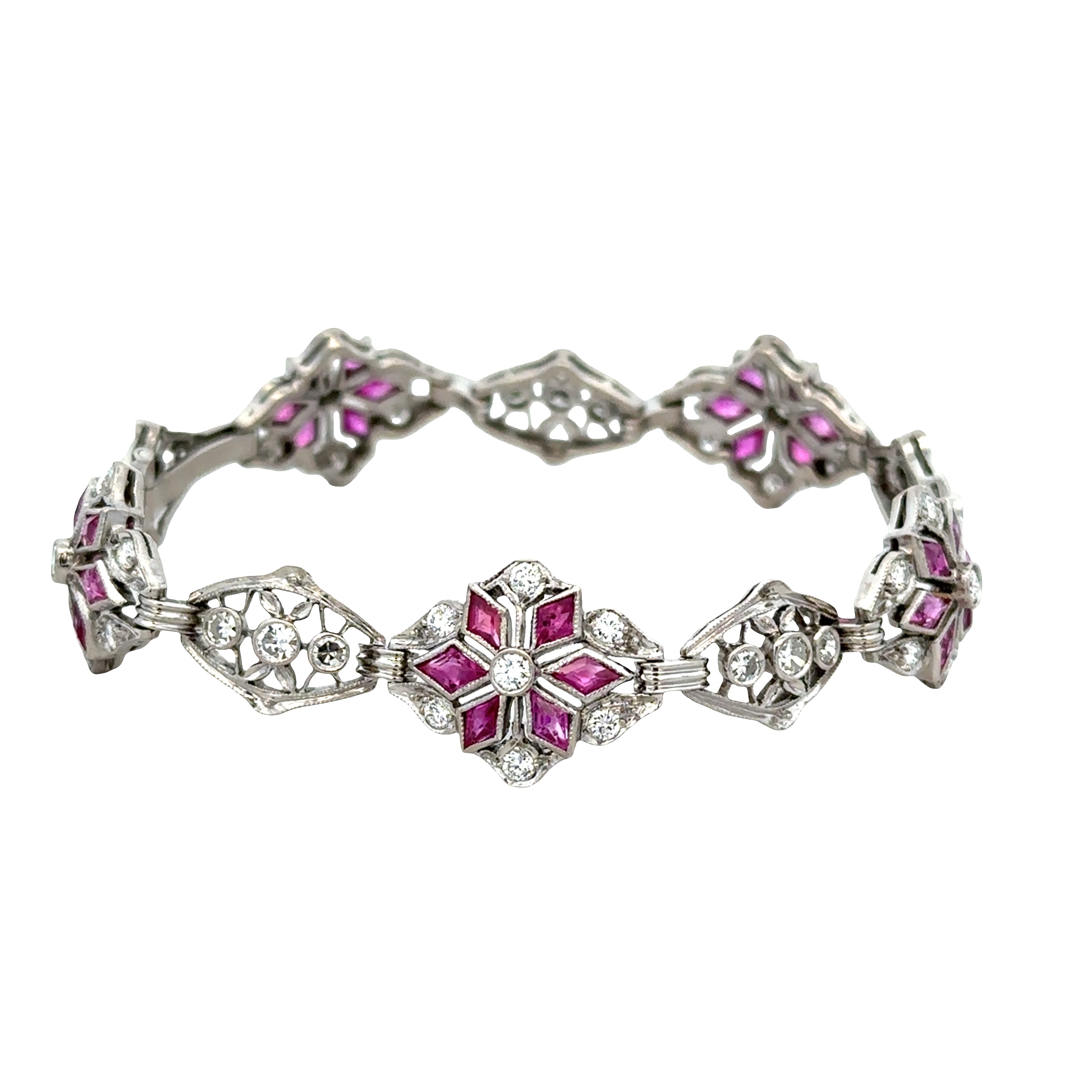 Antique Art Deco 14k White Gold Ruby & Diamond Snowflake Bracelet – Circa 1920s