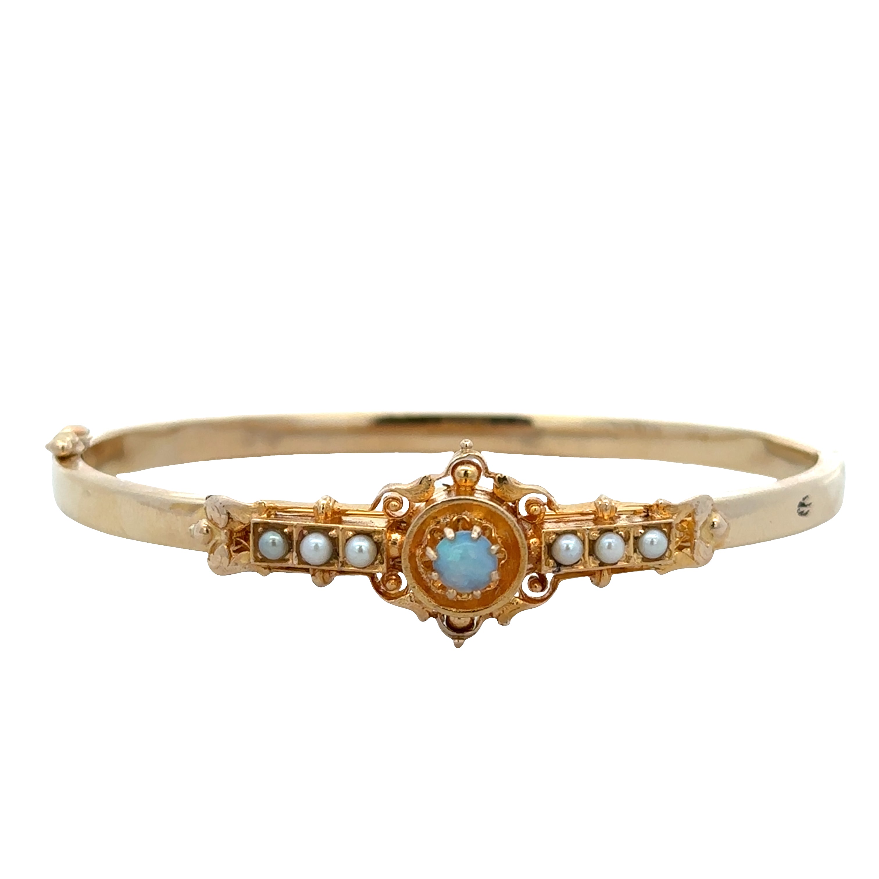Vintage/Antique 14k Yellow Gold Hinged Bangle with Opal & Seed Pearl Brooch