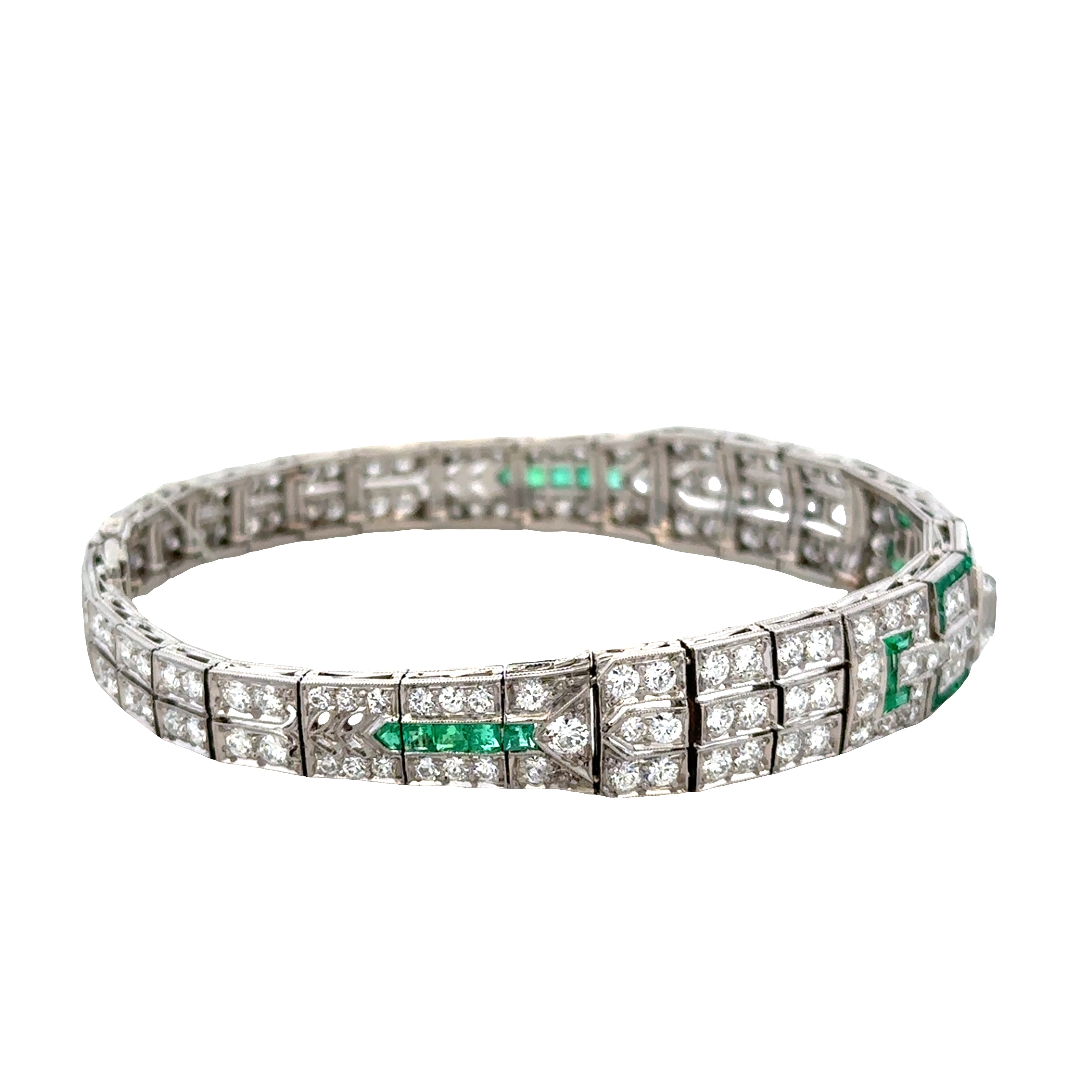 Antique Art Deco Tiffany & Co. Platinum Emerald & Diamond Bracelet – Circa 1920s - 6.5" Long