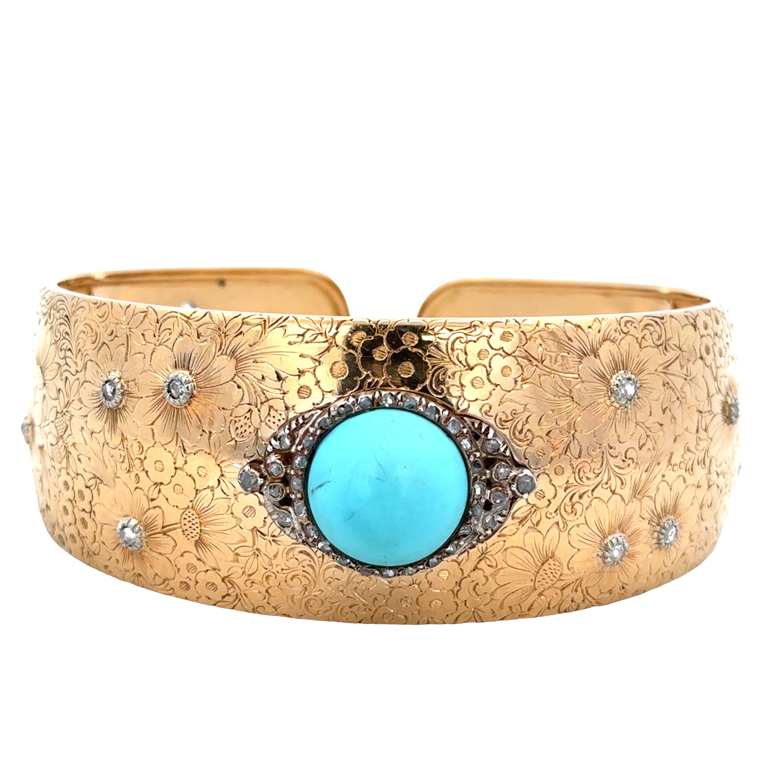 Antique Victorian 18k Yellow Gold Turquoise & Diamond Cuff Bracelet