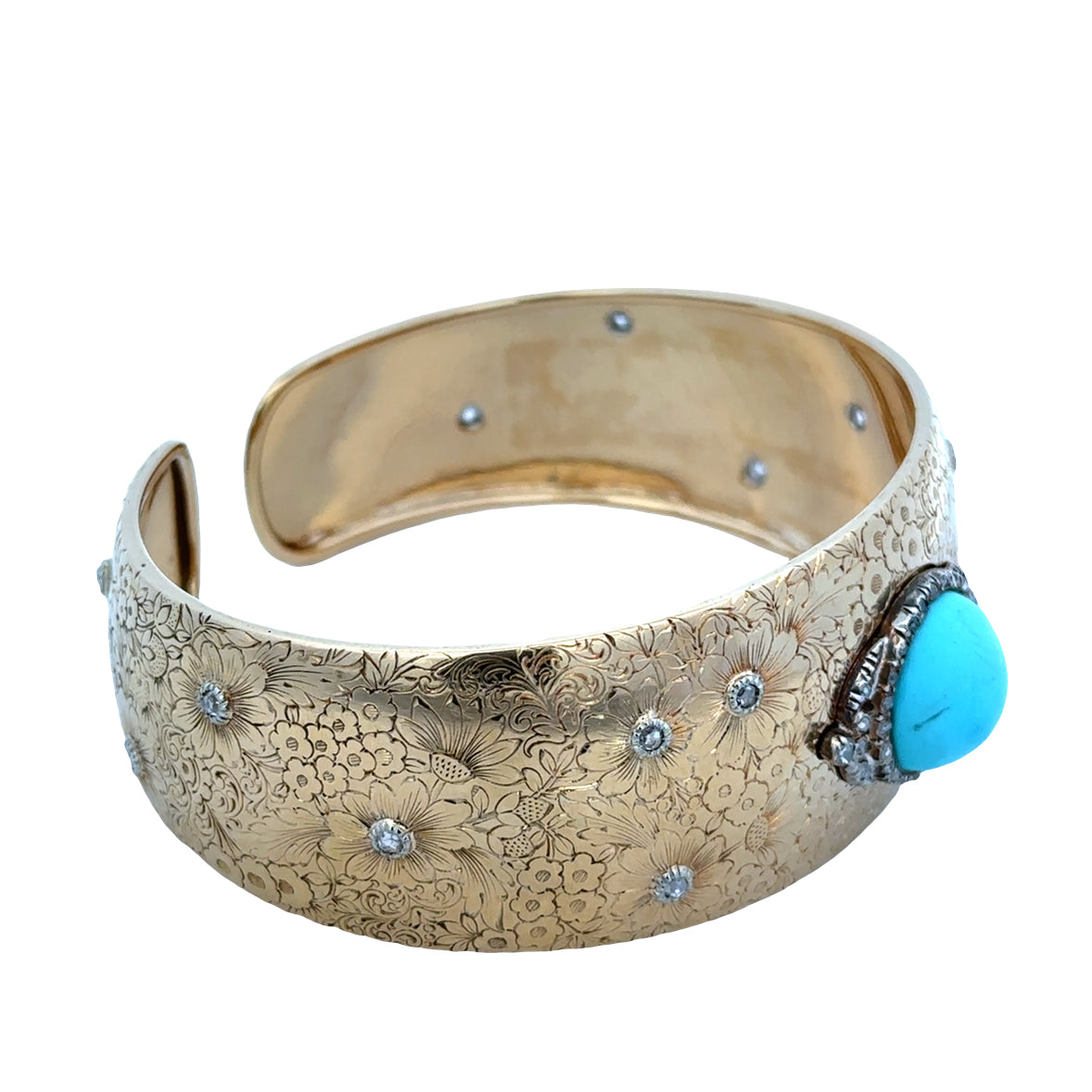 Antique Victorian 18k Yellow Gold Turquoise & Diamond Cuff Bracelet
