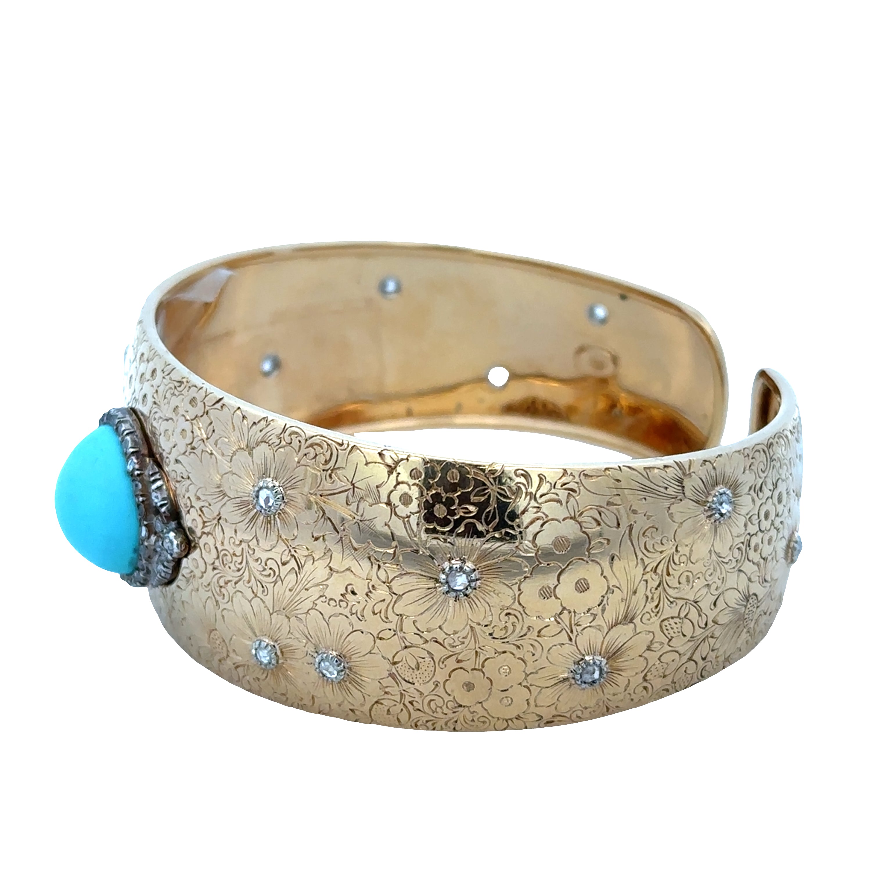 Antique Victorian 18k Yellow Gold Turquoise & Diamond Cuff Bracelet