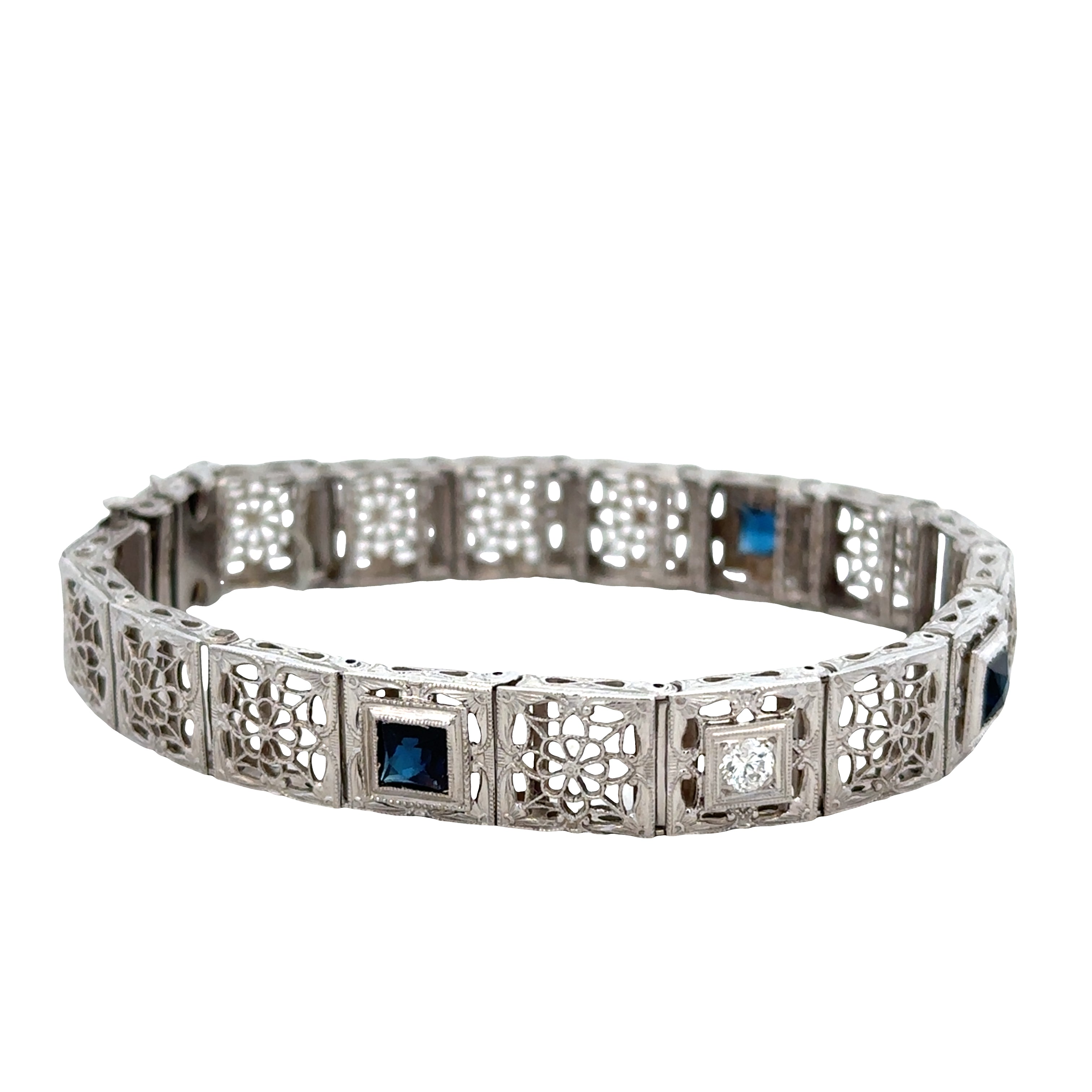 Vintage Art Deco 14k White Gold Filigree Sapphire & Diamond Panel Link Bracelet – Circa 1930s