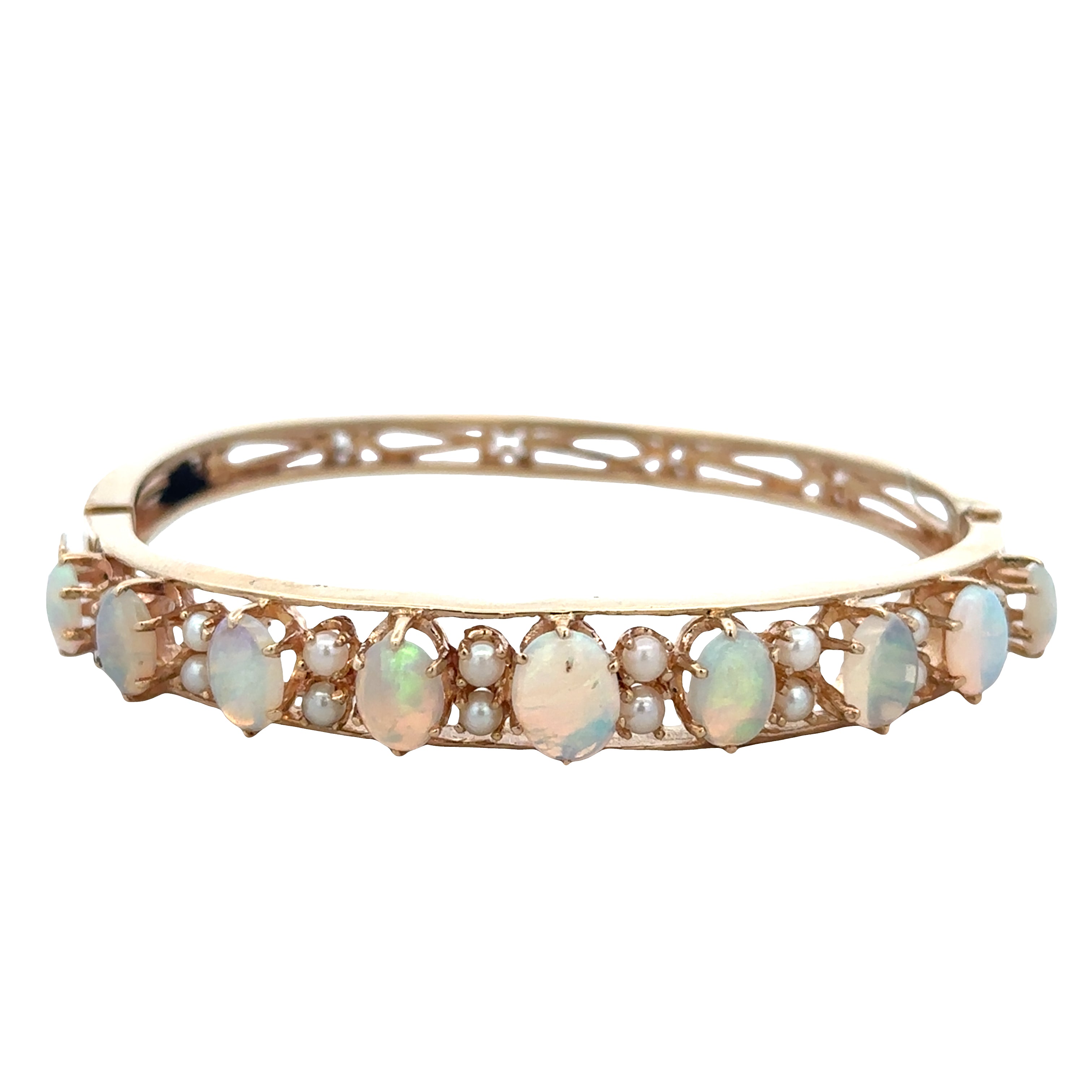 Vintage Mid Century 14k Yellow Gold Opal & Seed Pearl Hinged Bangle Bracelet – Circa 1950s–60s