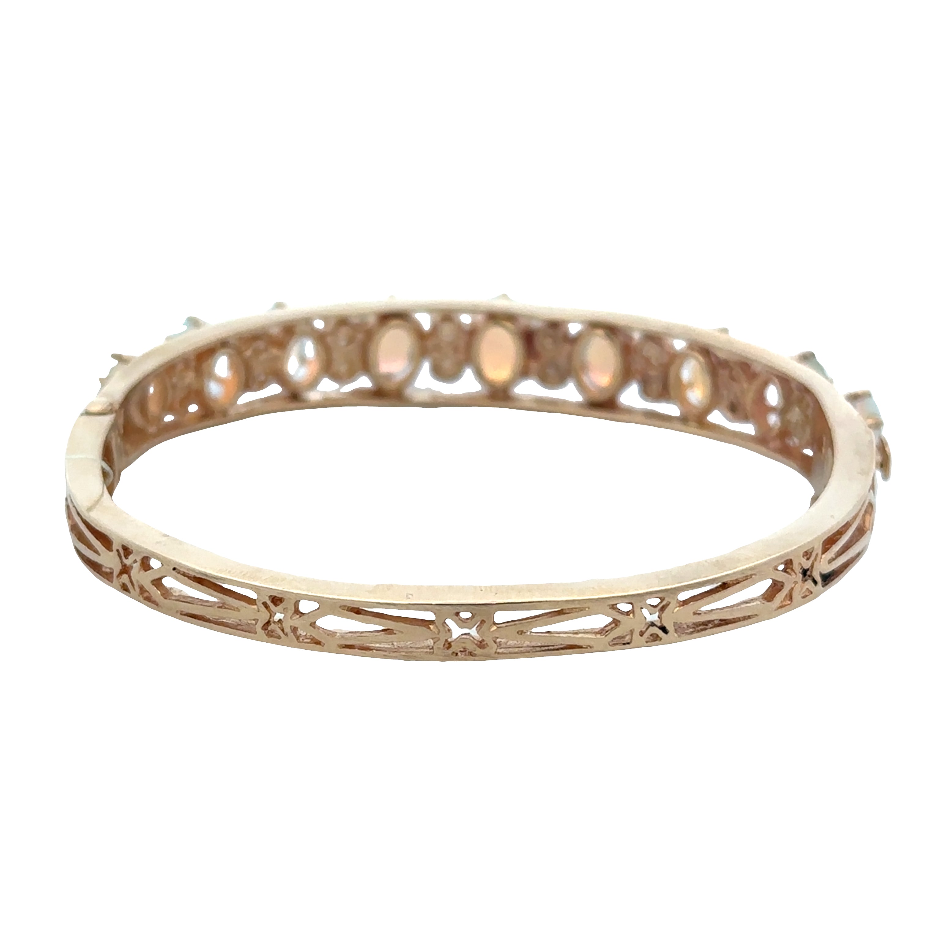 Vintage Mid Century 14k Yellow Gold Opal & Seed Pearl Hinged Bangle Bracelet – Circa 1950s–60s