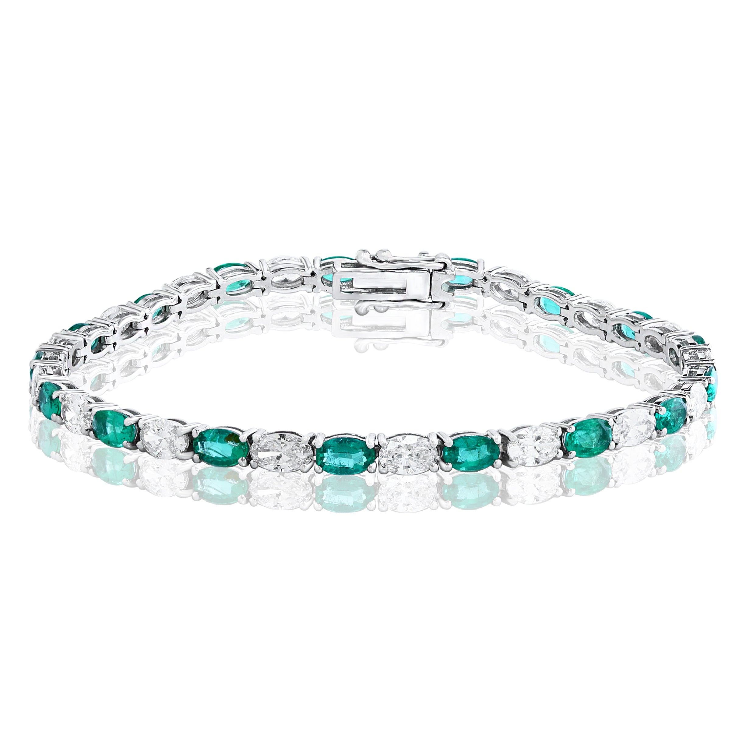 14k White Gold Emerald & Oval Diamond Bracelet – 7" – Rhodium Plated