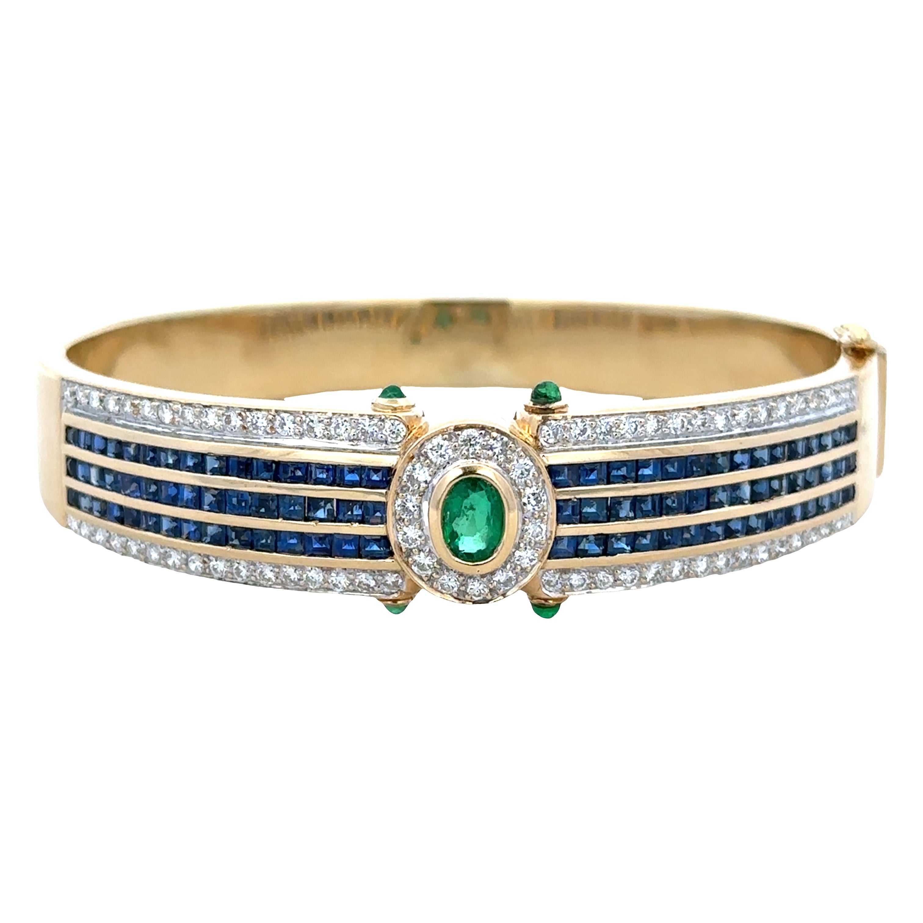 Vintage 18k Yellow Gold Emerald, Sapphire & Diamond Hinged Bangle Bracelet