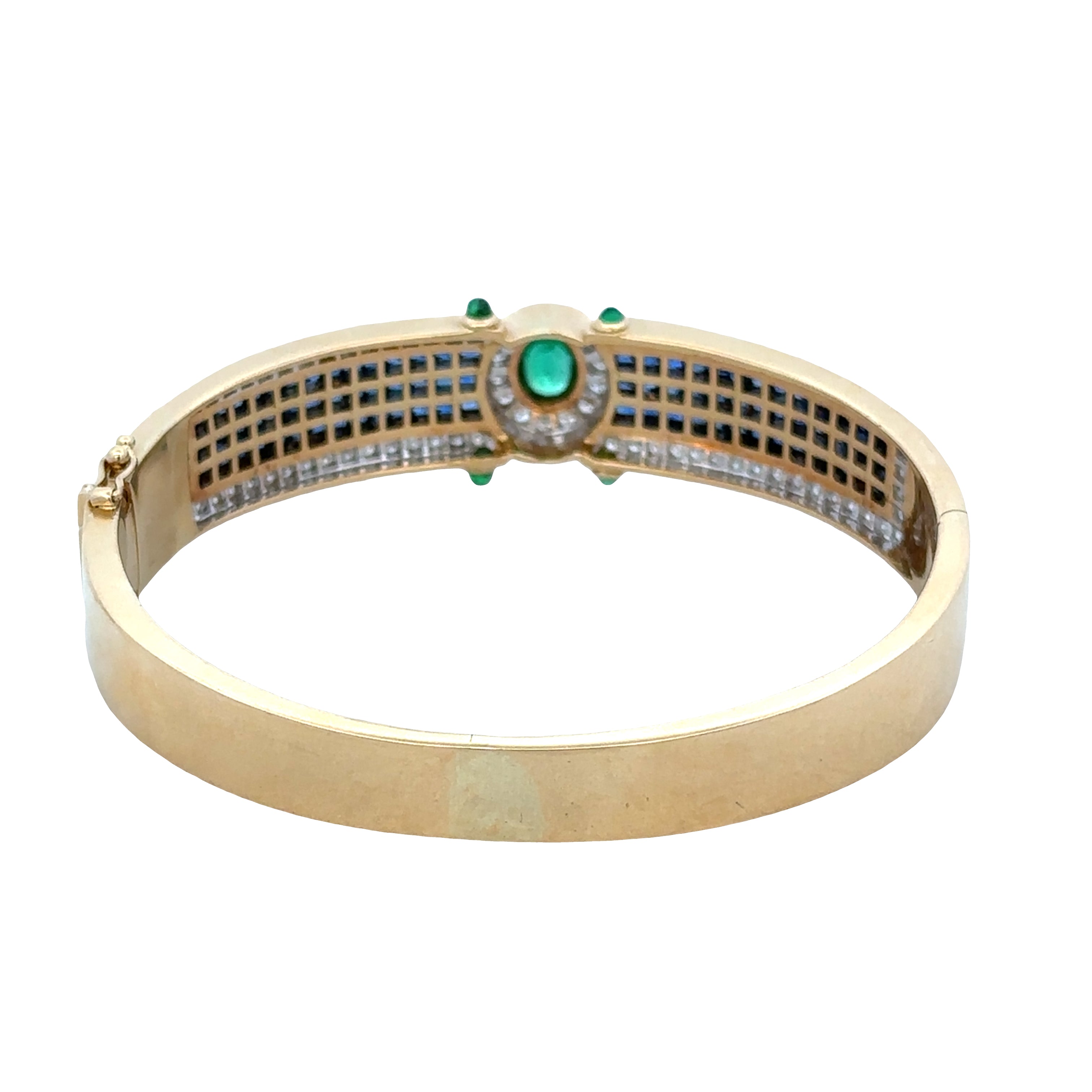 Vintage 18k Yellow Gold Emerald, Sapphire & Diamond Hinged Bangle Bracelet