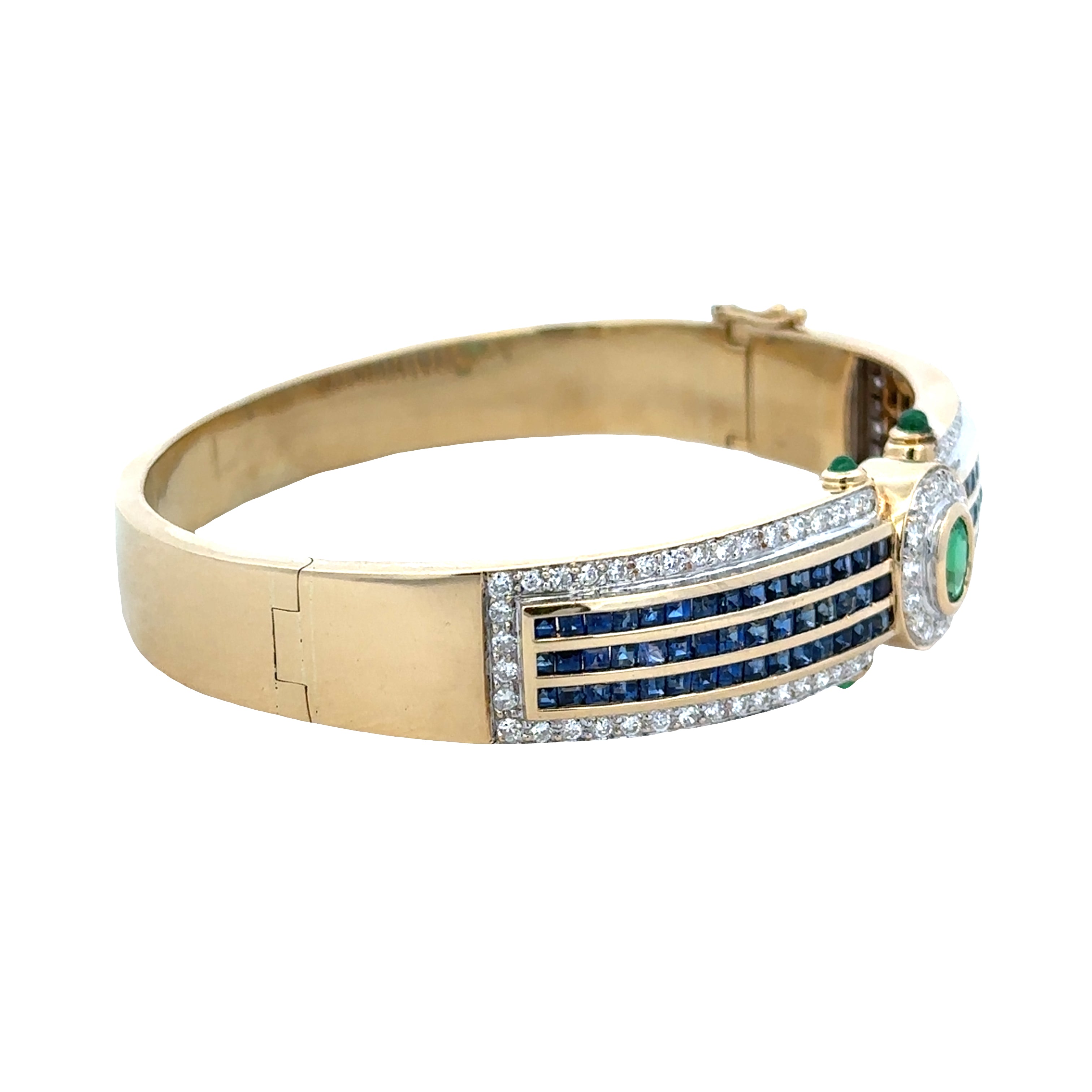 Vintage 18k Yellow Gold Emerald, Sapphire & Diamond Hinged Bangle Bracelet