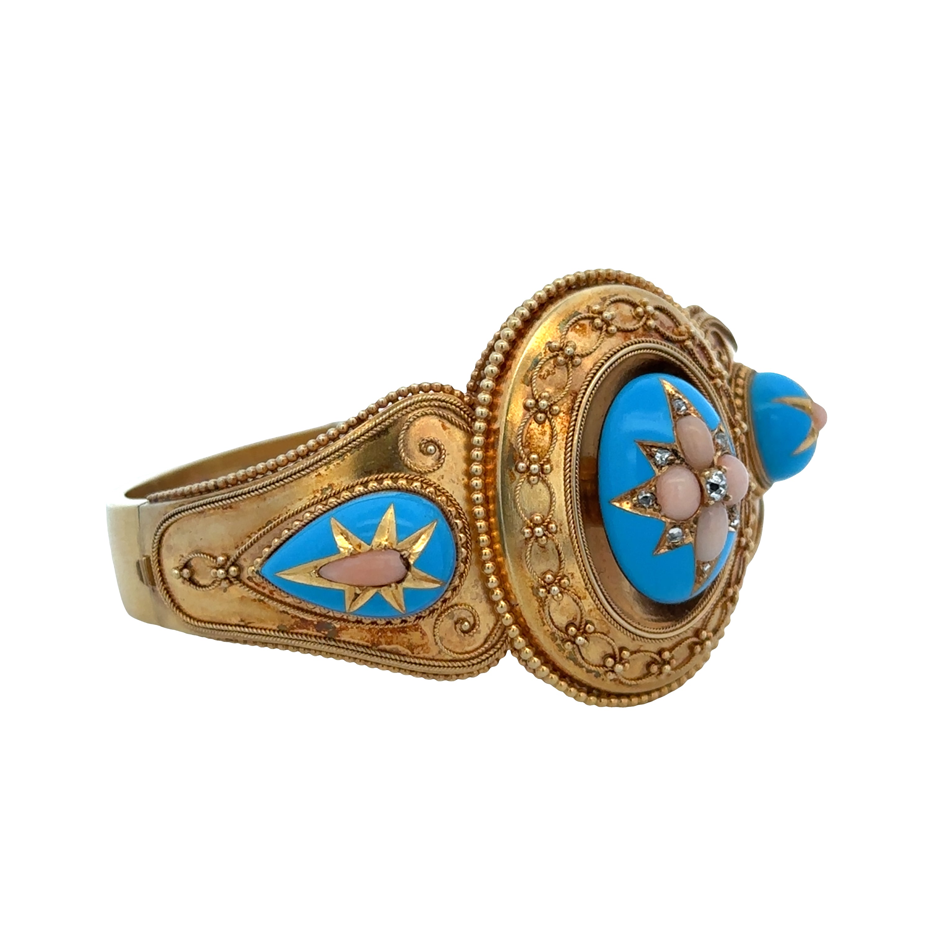 Antique Victorian 18k Yellow Gold Etruscan Revival Coral, Enamel & Diamond Memorial Bangle – Circa 1870s-1880s