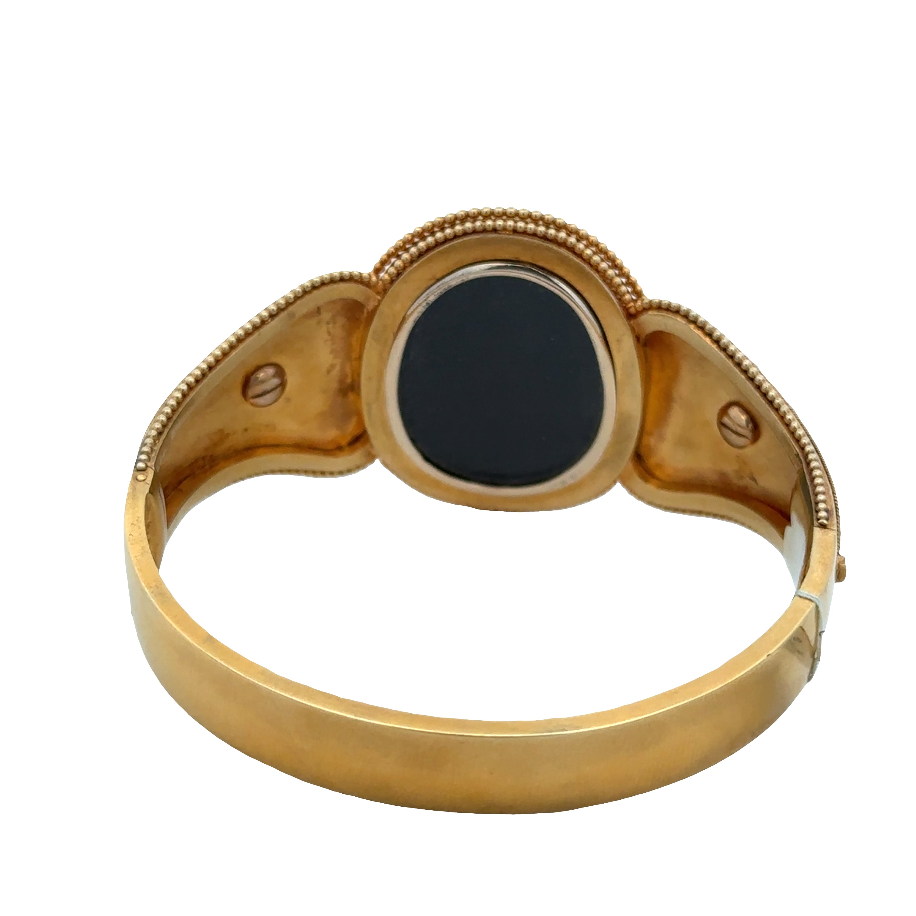 Antique Victorian 18k Yellow Gold Etruscan Revival Coral, Enamel & Diamond Memorial Bangle – Circa 1870s-1880s